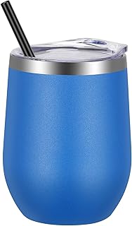 VEGOND 12oz Stainless Steel Wine Tumbler with Lid and Straw, Double Wall Vacuum Insulated Stemless Wine Glass Tumbler Cup, Coffee Mug for Cold Hot Drinks