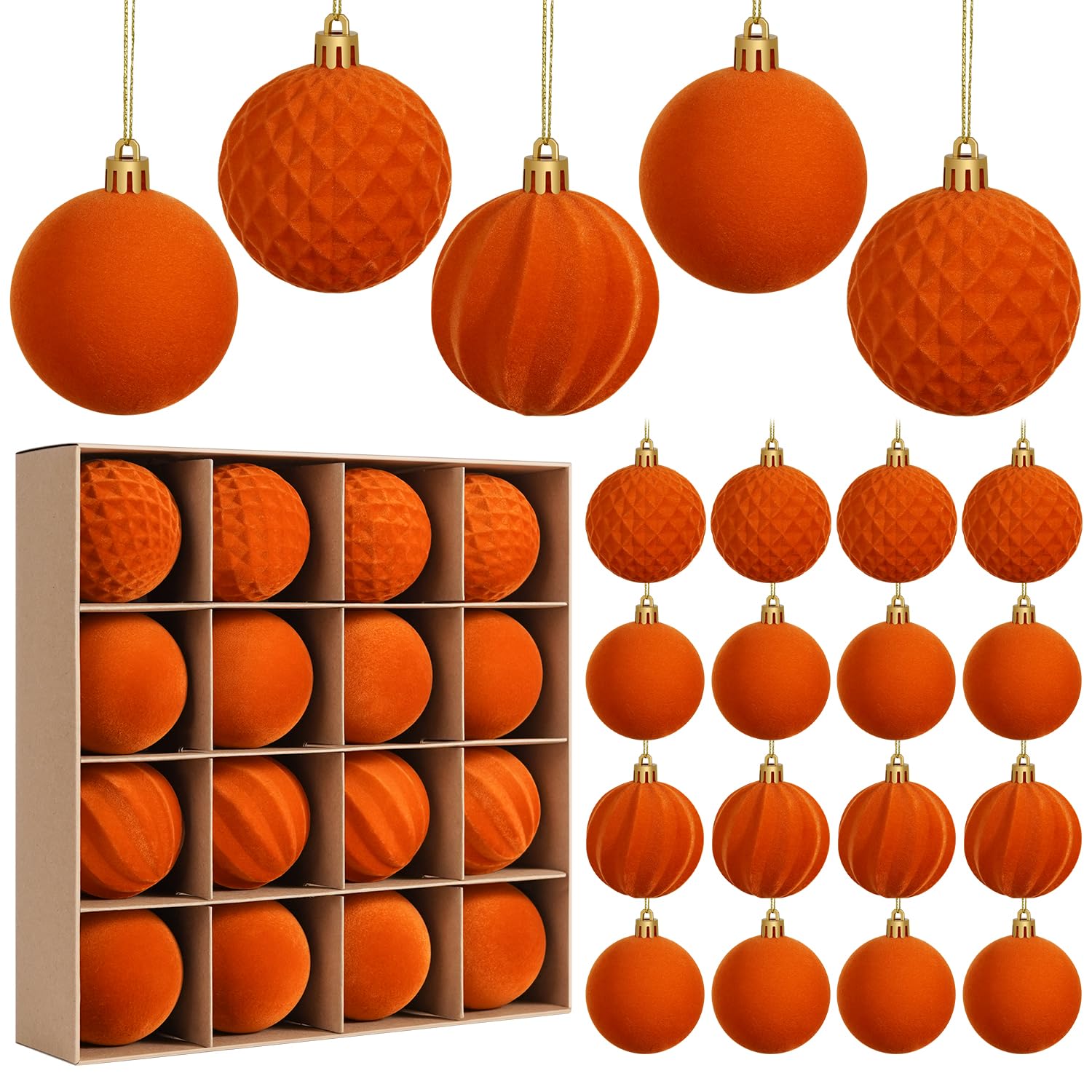 Miaikoe 16 Pcs Velvet Christmas Balls Hanging Ornaments Set, Pre-tied Shatterproof Plastic Flocked Christmas Balls Xmas Decorations Festival Holiday Party Decor (Orange,6CM)