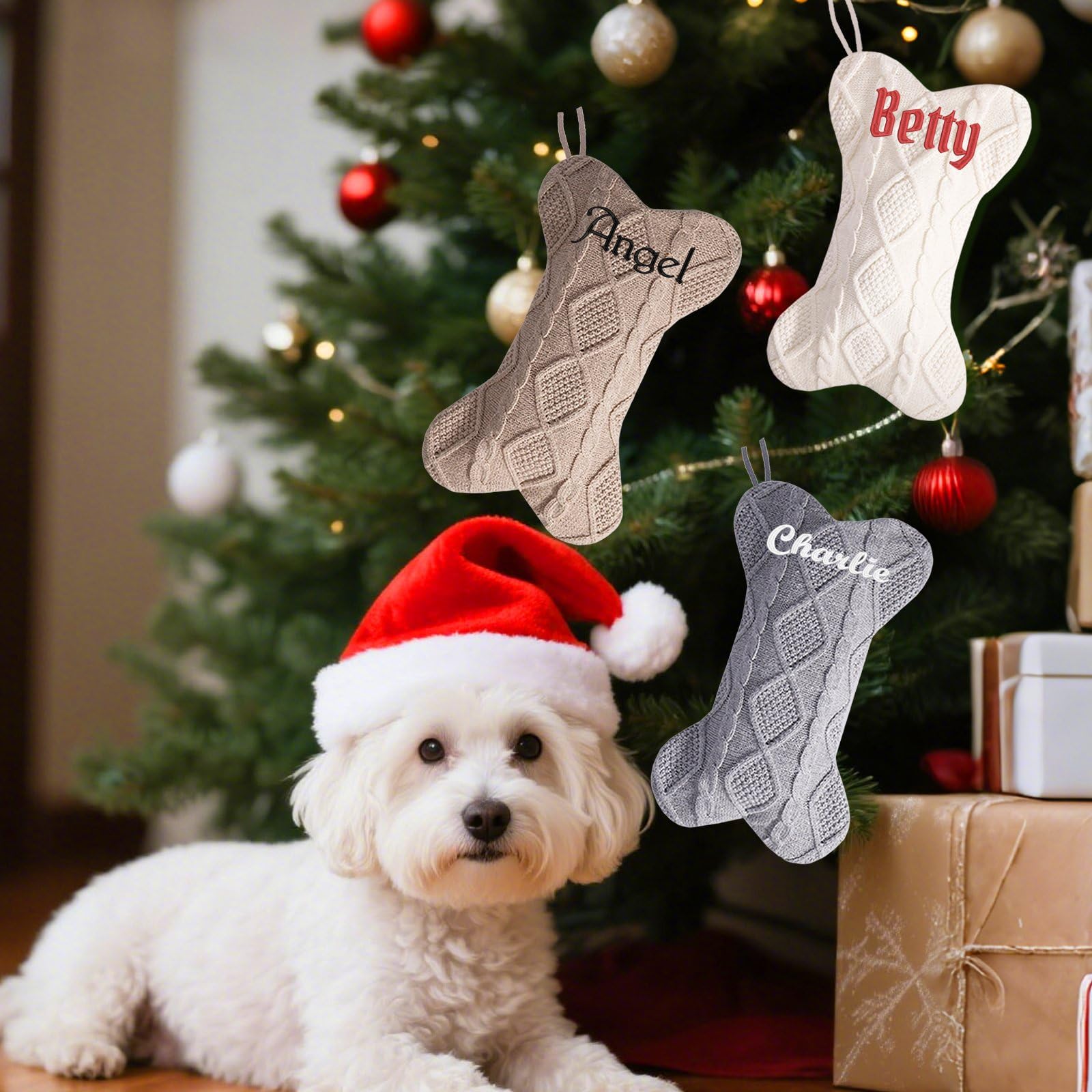 Lot de 8 grandes chaussettes de Noël tricotées en forme d'os avec nom amusant à faire soi-même - 41,9 cm - Pour cheminée, escaliers, maison, sapin de Noël