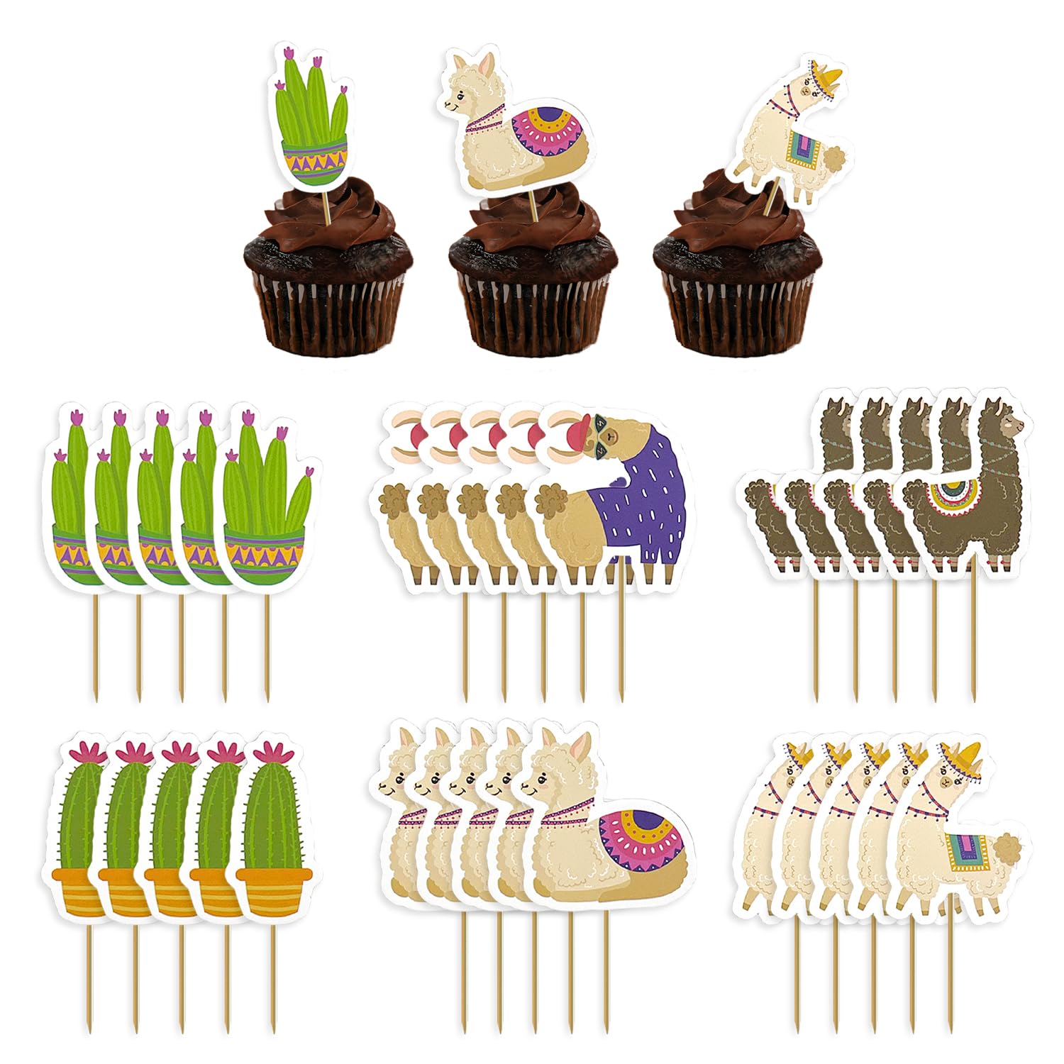 Hinfhi Multicolor 30 Pieces Of Cactus Alpaca Card Insert, Creative Cute Card Insert, Cake Decorations, Children's Party Supplies.