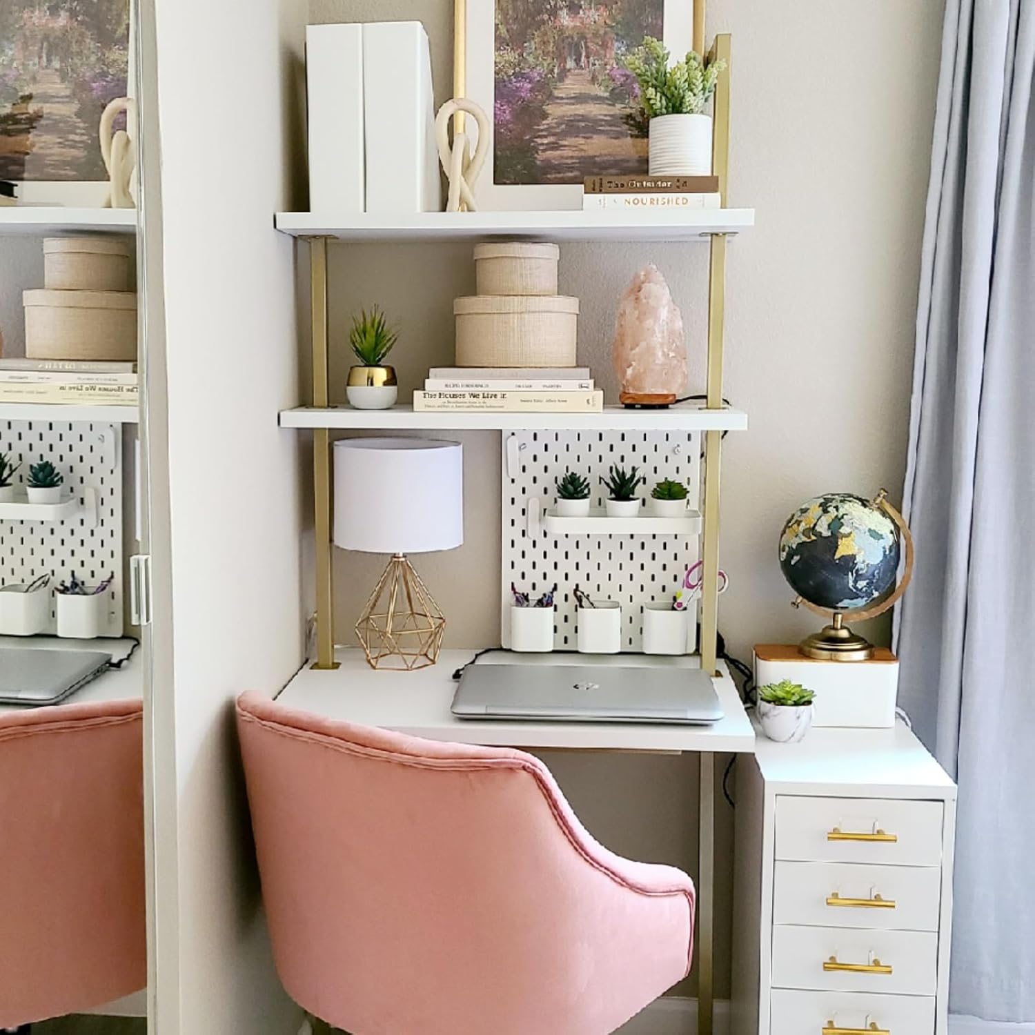 QIUTMER 3-Shelf Industrial Wall Mount Ladder Desk - Gold & White Small Computer Writing Desk for Home Office Small Spaces (30x20x73")