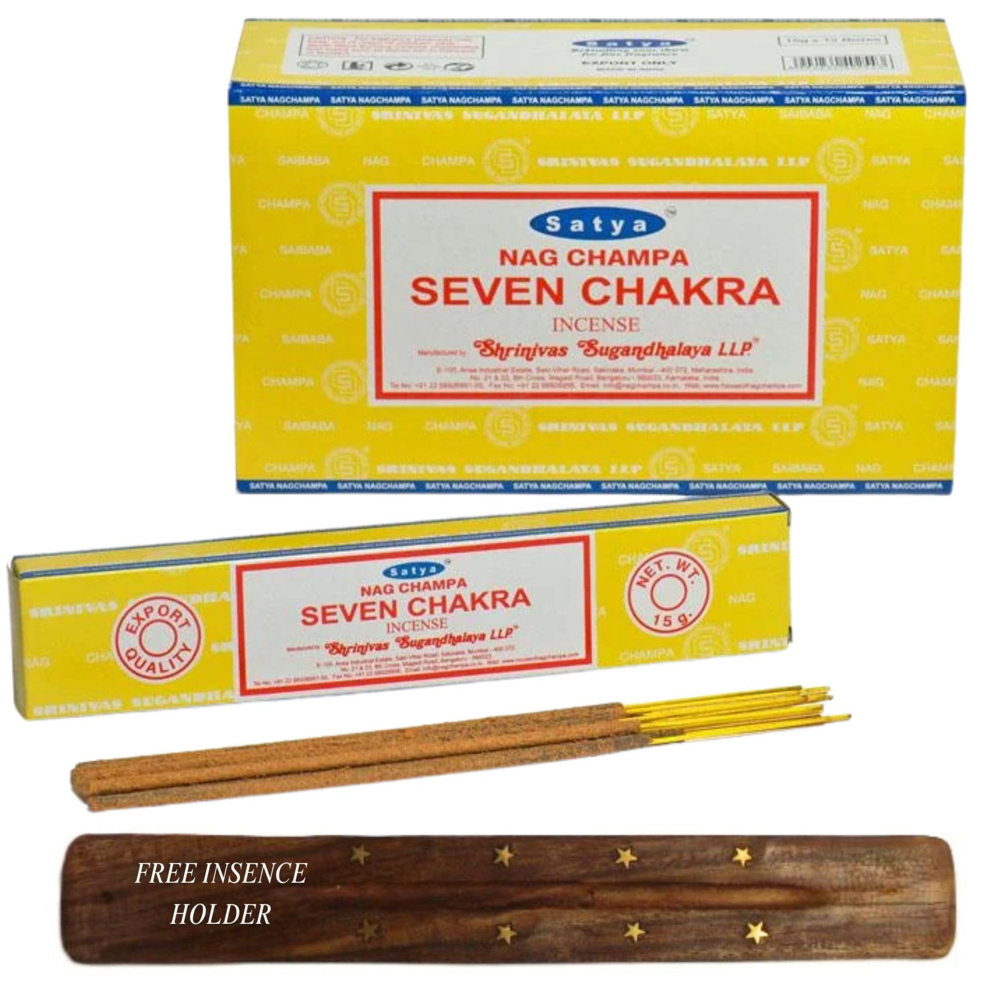 Original Satya Nag Champa Incense Sticks Full Box 12pack for Aromatherapy, Spa, Yoga, Meditation, Healing, Positivity and Relaxation Free Incense Holder (Seven Chakra)