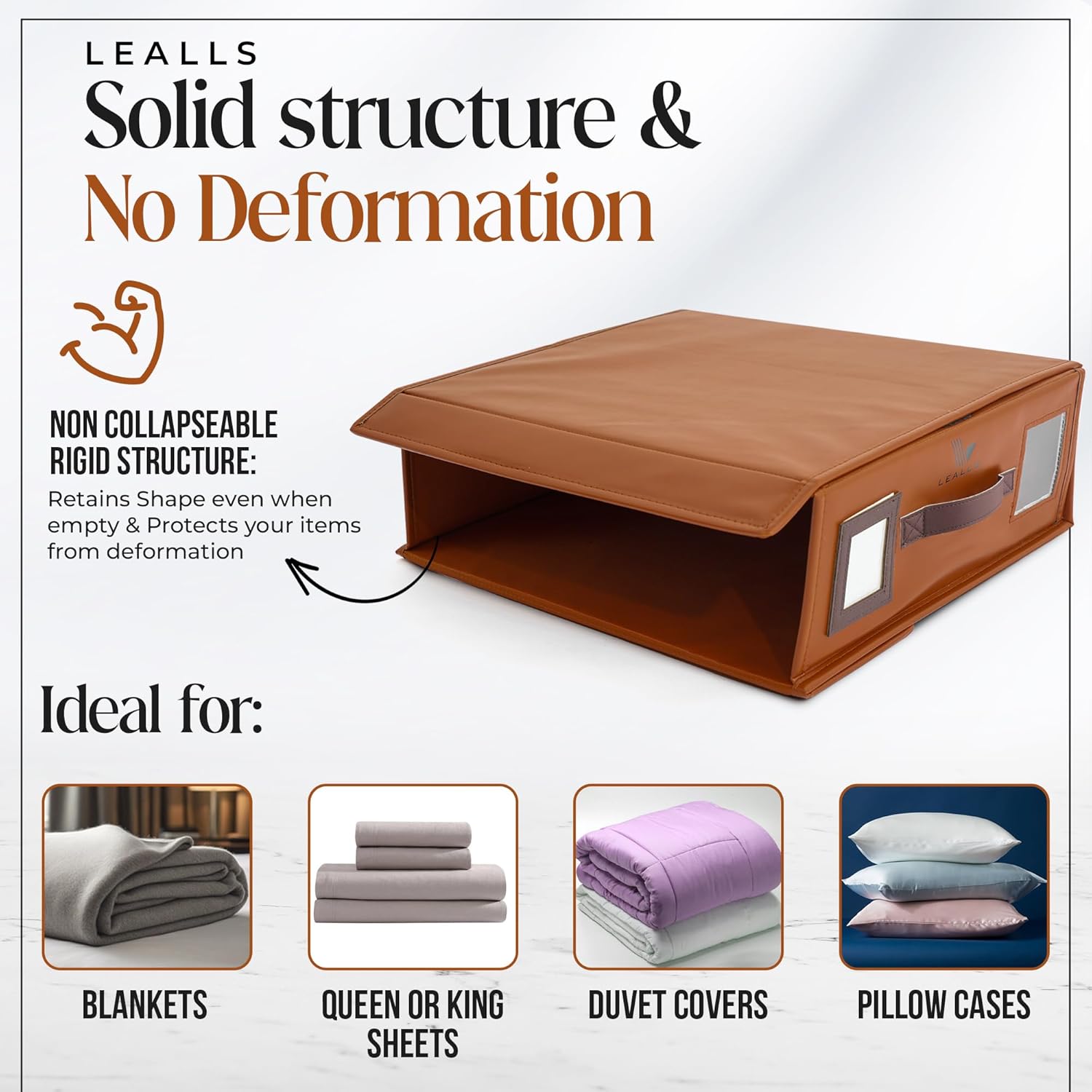 4 Pack Foldable Bed Sheets Set Organizers andStorage [King/Queen Size] Bedding Storage Boxes with Clear Window,Dustproof Linen Organizer for Blankets & Sheet Sets,Brown