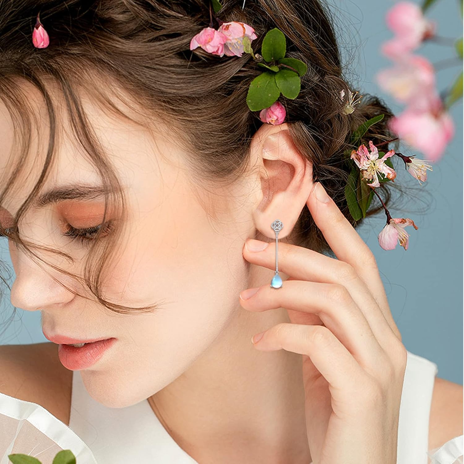 Birthstone Celtic Teardrop Dangle Earrings for Women Sterling Silver Moonstone Teardrop Long Dangle Drop Earrings - Image 4