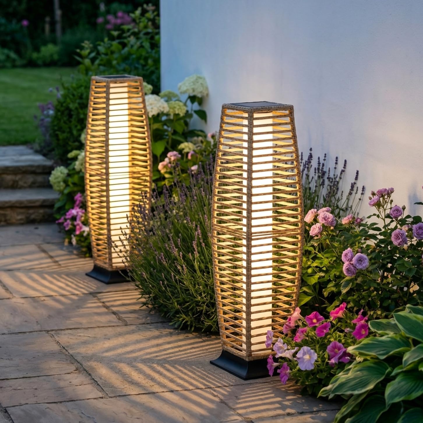 Solar Yard Outdoor Floor Lamp Solar Lantern, Water-Resistant Natural Wicker Boho Patio Light with 50&100 Lumens Dual Brightness for Garden Porch Deck Decor, Large Diamond Natural