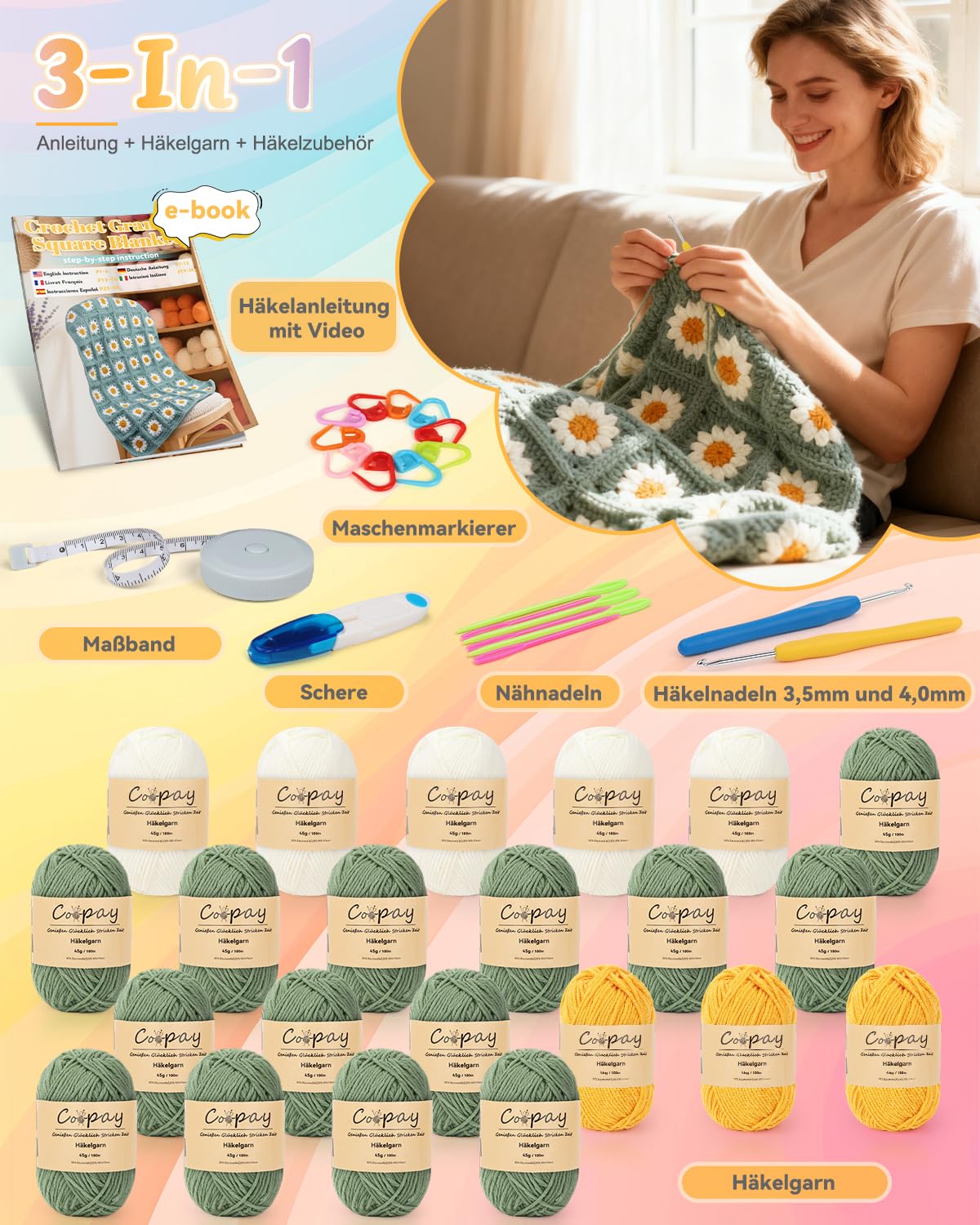 Coopay Kit Crochet Debutant Complet pour Granny Square avec 22 Pelotes de Laine Crochet à Crocheter Couverture à Marguerites, Livret en Français, Vidéo Tutoriel, Cadeau de Crochets Tricot