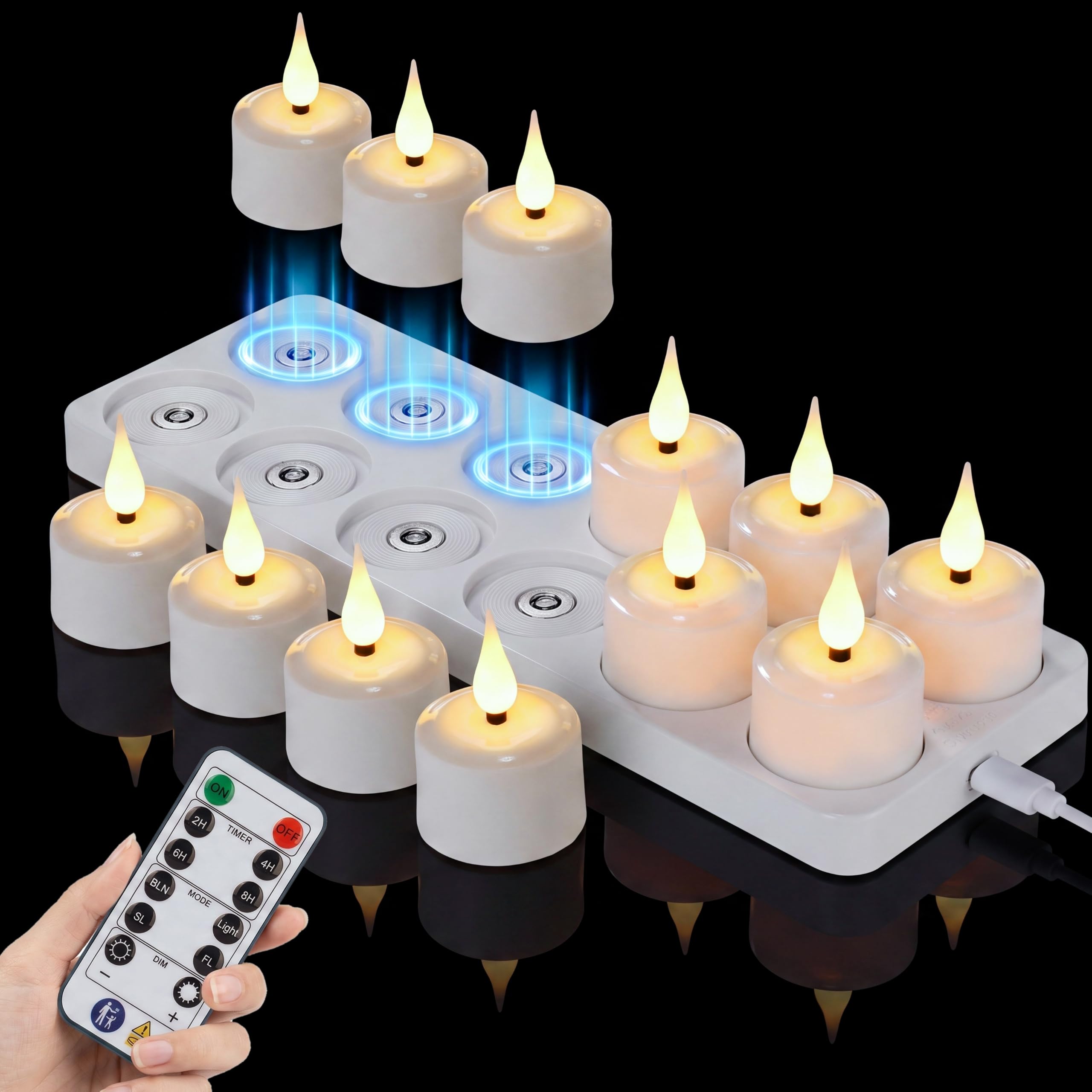 12 lumini ricaricabili, con stazione di ricarica e telecomando, timer, dimmerabili, luce bianca calda, senza fiamma, decorazione portacandele
