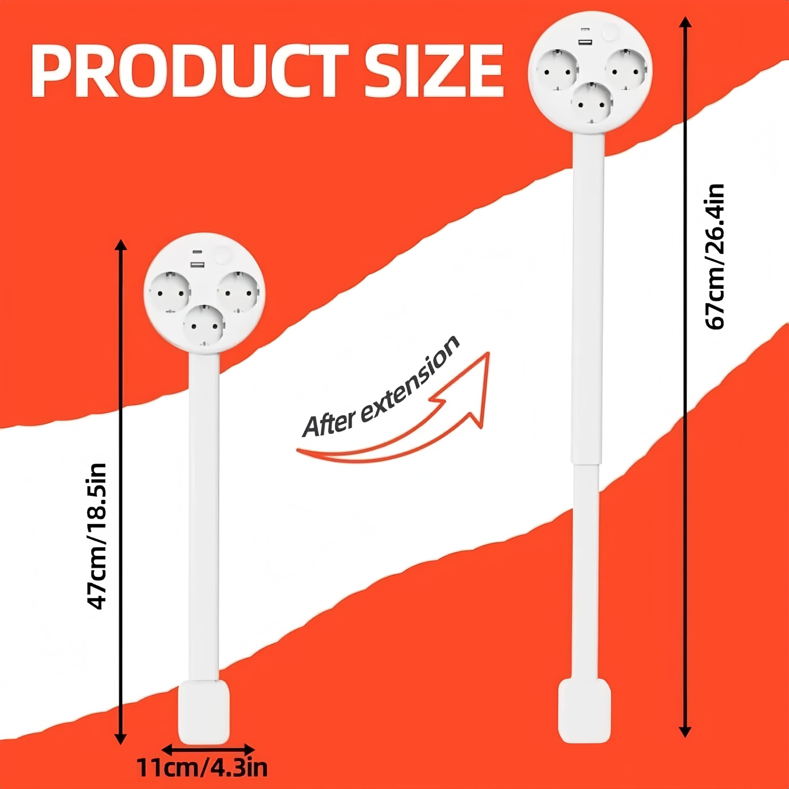 Przedłużacz elektryczny przedłużający i pływający z 2 gniazdami i USB-C Extendible od 47 do 67 cm na sofę i biurko