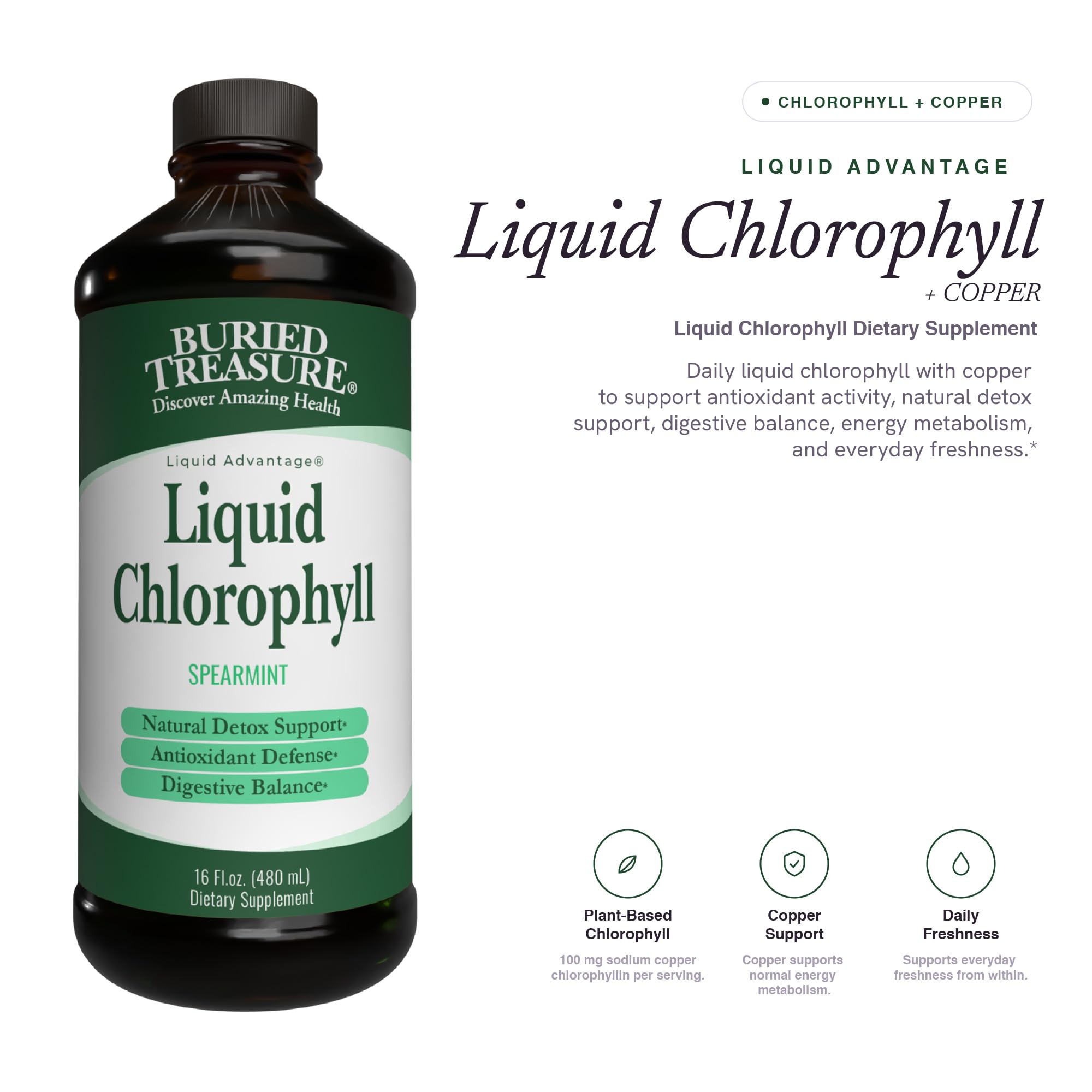 Buried Treasure Liquid Chlorophyll 100 mg Dietary Supplement, Energy Boost Immune Support Detox Intestinal Digestive Support Natural Body Deodorant Vegan Non-GMO Alcohol Free Spearmint Flavor,16 oz — Amazon image 5