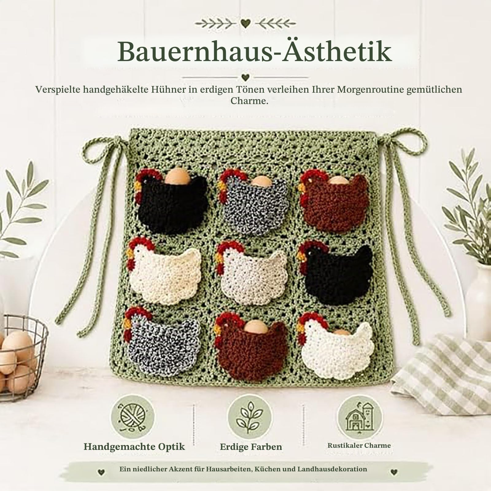 Handgehäkelte Schürze zum Eiersammeln mit individuellen Taschen – Sammelschürze für frische Hofeier, mit Hühnertaschen für Hühnerstall und Geflügelgehege