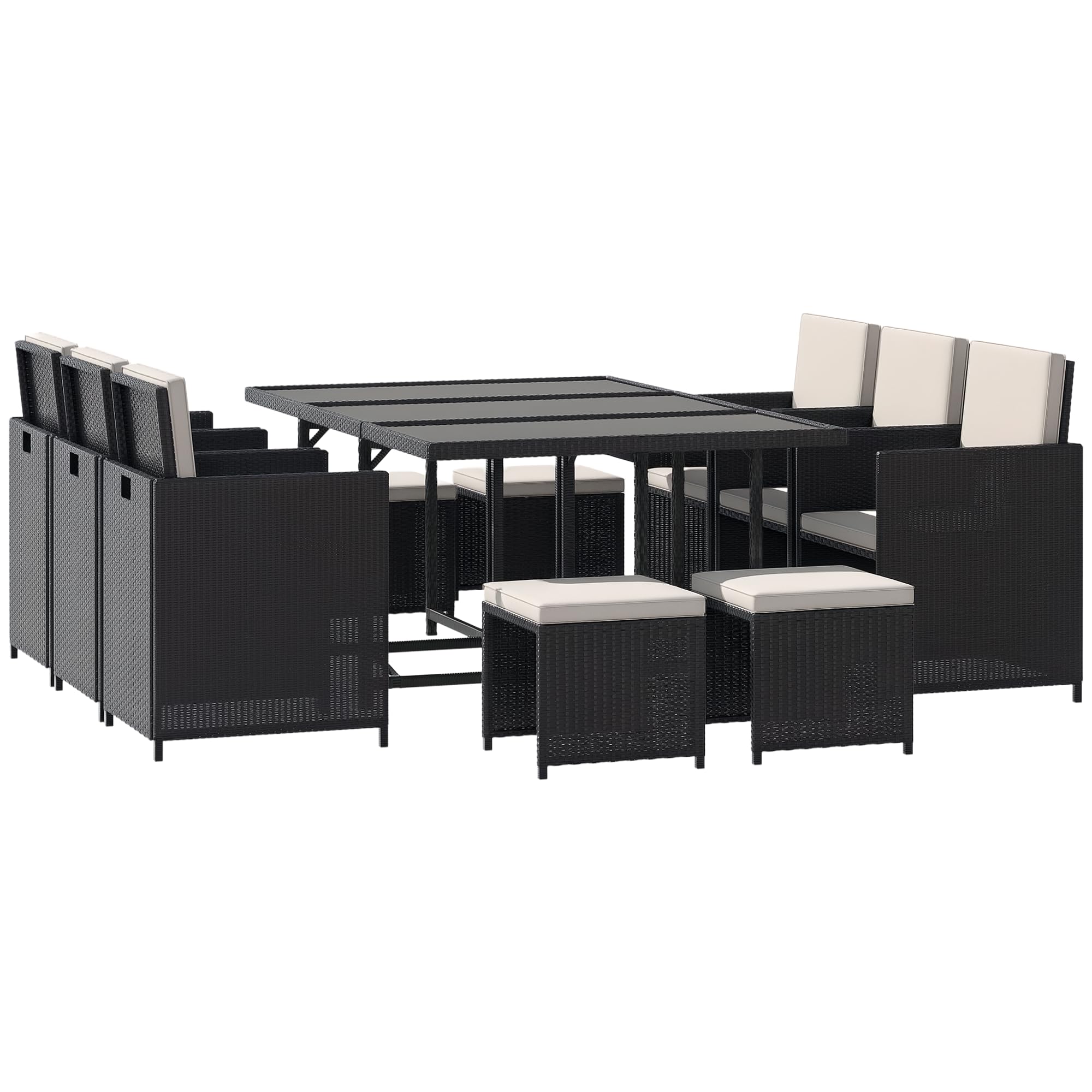 Outsunny 10 Seater Rattan Cube Garden Furniture Set with Cushions, Rattan Dining Set, Outdoor Dining Table and Chairs with 6 Armchairs, 4 Stools, Rectangular Glass Top Table, Black