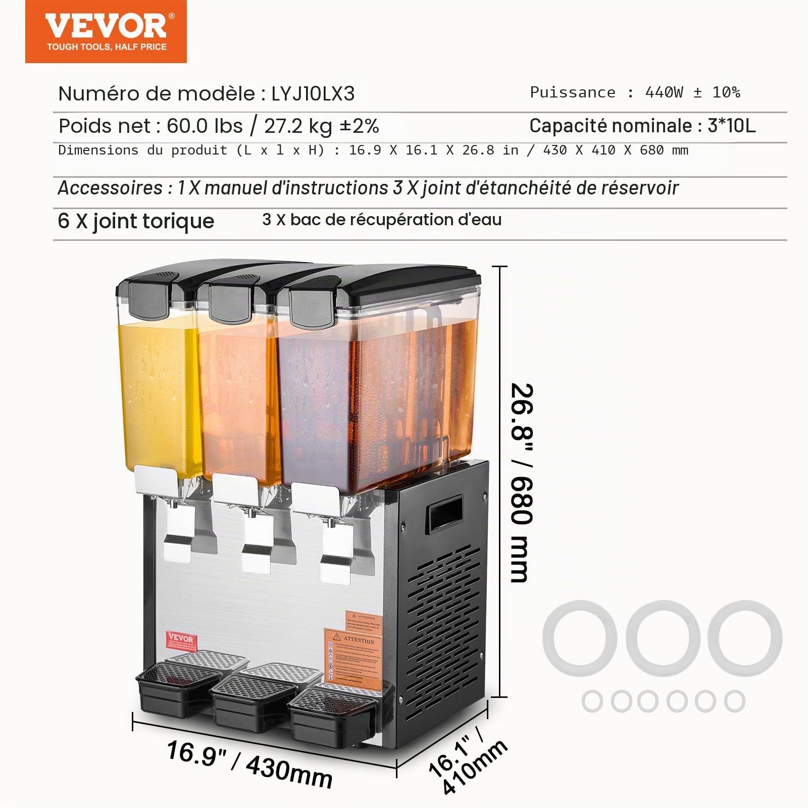 VEVOR Distributeur de Boissons Commercial 3 Réservoirs de 10 L, Fontaine à Eau 440 W, Distribution de Jus Limonade Thé Glacé, Température de Refroidissement 7-12 ℃, pour Restaurant, Hôtel, Café