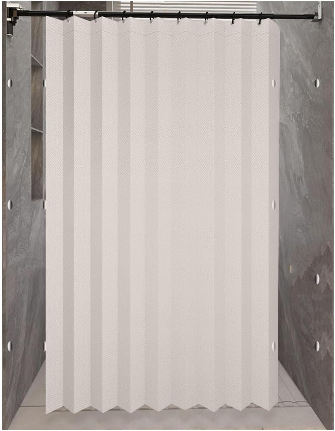 Shower Curtain for Bathroom, Partition Curtains Waterproof Folding with Adjustable Angle Telescopic Rod, Polyester Material, No Punching Required(White,W 120 x H 200 CM)