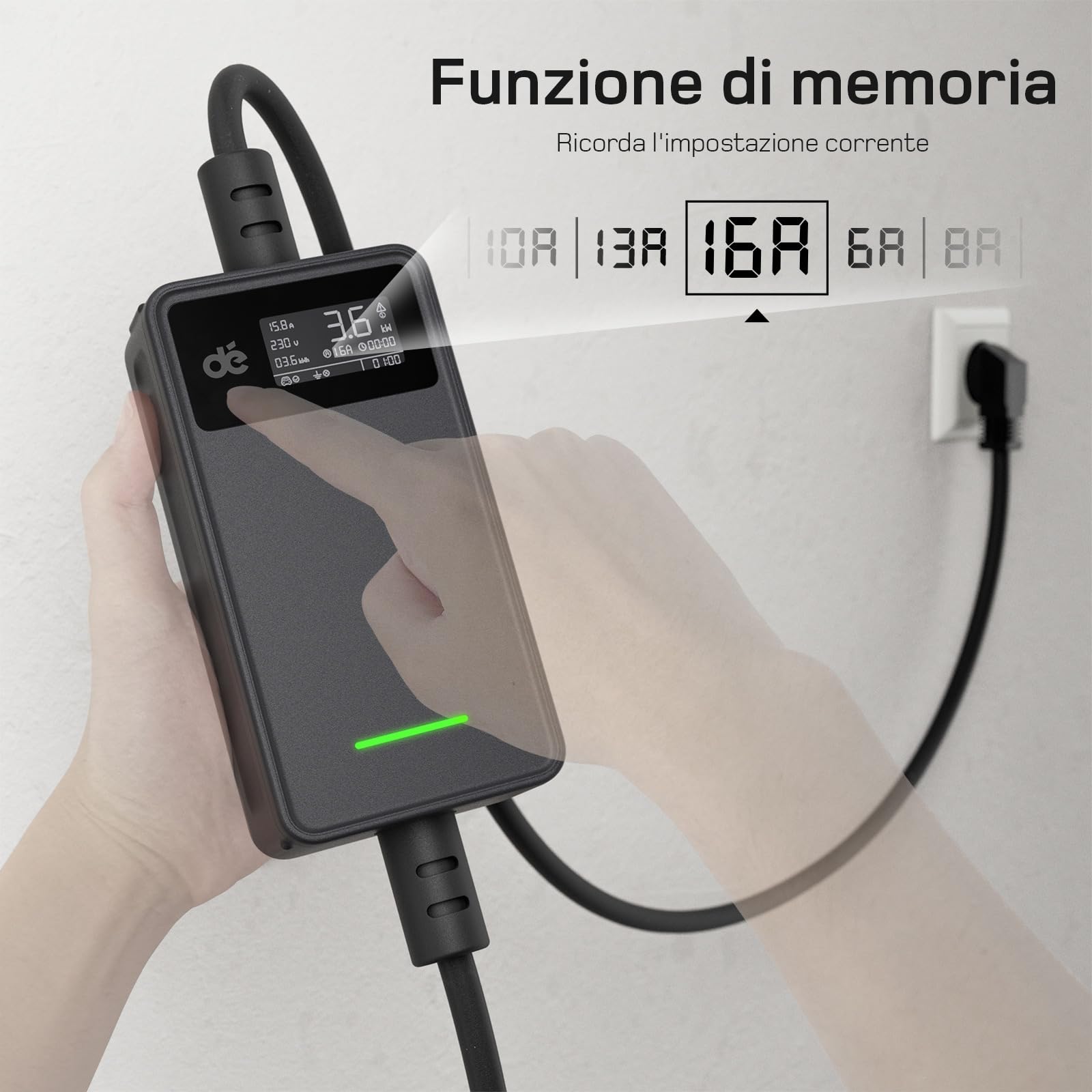 dé Cavo Ricarica Auto Elettrica Tipo 2 Schuko [3,68kW| 6-16A| 6m] Caricatore Auto Elettrica Tipo 2 Schuko, con LCD Controllo Digitale e Supporto Compatibile con Model Y/3 e Altri EV/PHEV