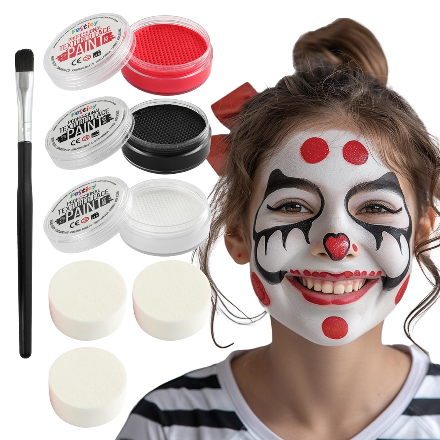 Festicy maquillaje profesional I pintura cara niños 3 colores (negro, rojo, blanco) I 20g por color, incluye 3 esponjas y 1 pincel I Maquillaje de Halloween, carnaval y body painting, vampiro