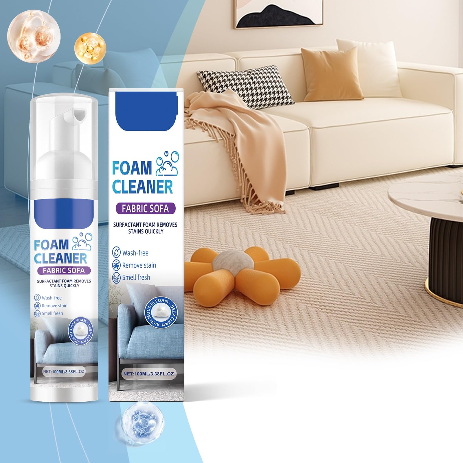 Leistungsstarker Stoff-Sofa-Schaum-Reiniger, Stoffreiniger-Polsterung, Allzweck-Spülungs-Schaum-Reiniger-Spray, Polsterreiniger für Stoff-Sofa, Sofas Teppich Möbel Auto Innenräume 3,38FL.OZ (5pcs)