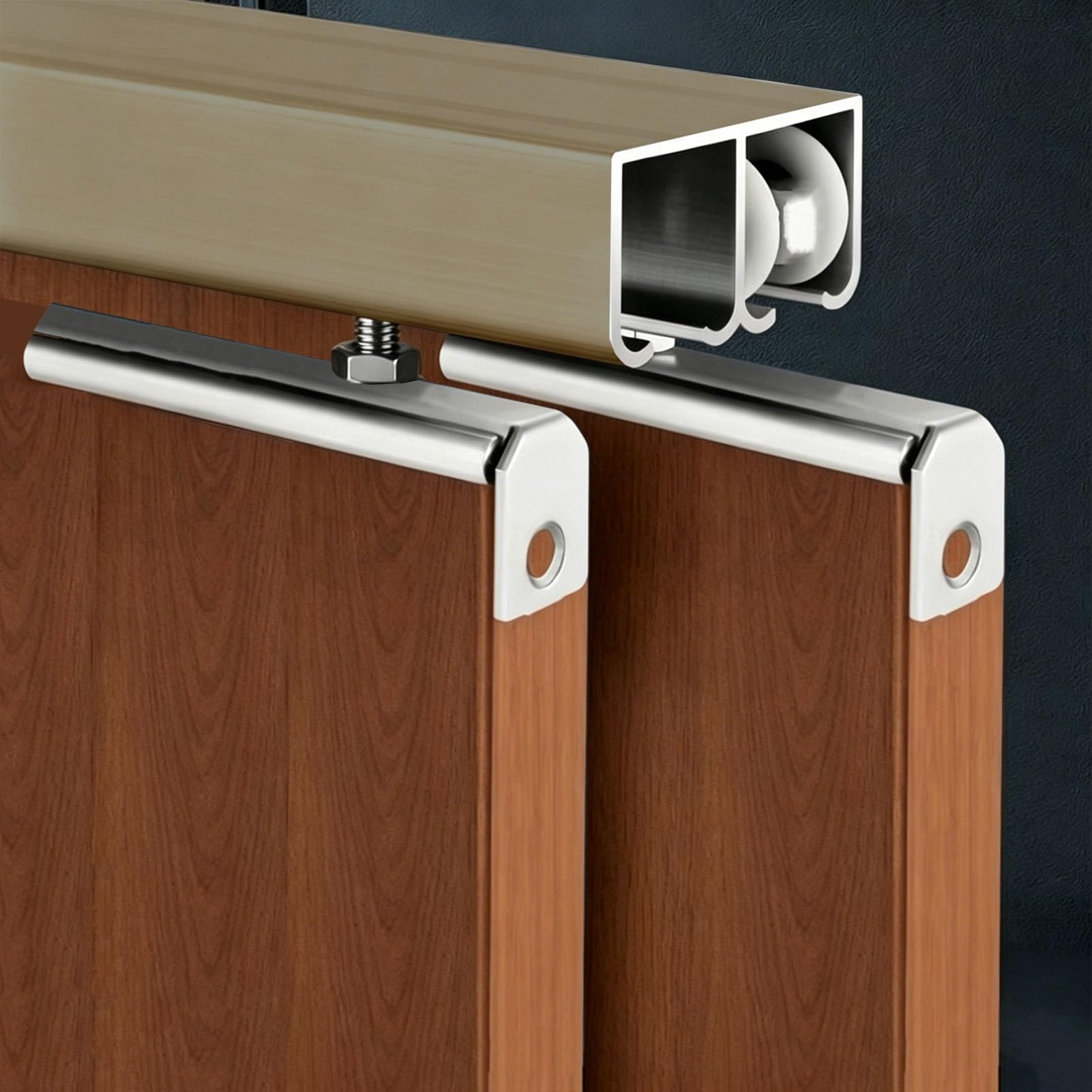 EXCLURA Sliding Door Track Kit for Wooden Doors, 2 Doors Bypass Sliding Door Hardware Kit, Box Rail Interior Barn Door System with Nylon Rollers Set(Champagne,1.4m/4.6ft)