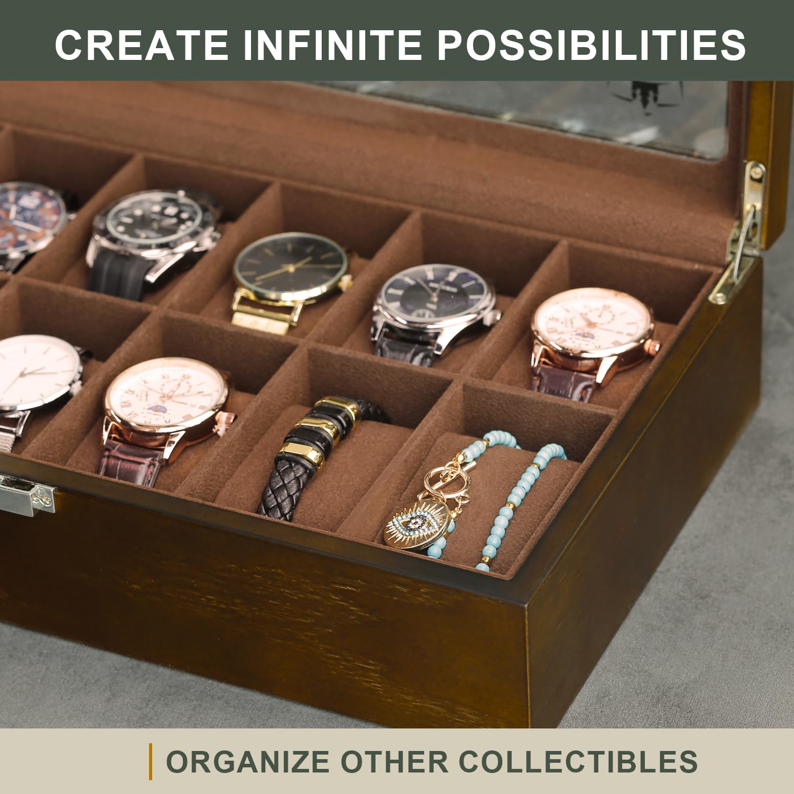 Caja de Relojes de Madera con 12 Ranuras, Estuche Relojero Organizador con Tapa de Cristal y Cojín Extraíble