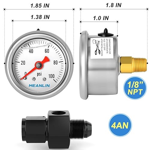 Miniatura 2 de MEANLIN MEASURE Medidor de presión de combustible relleno de glicerina de acero inoxidable de 0-100 psi, esfera de cara NPT de 1.5 pulgadas, con