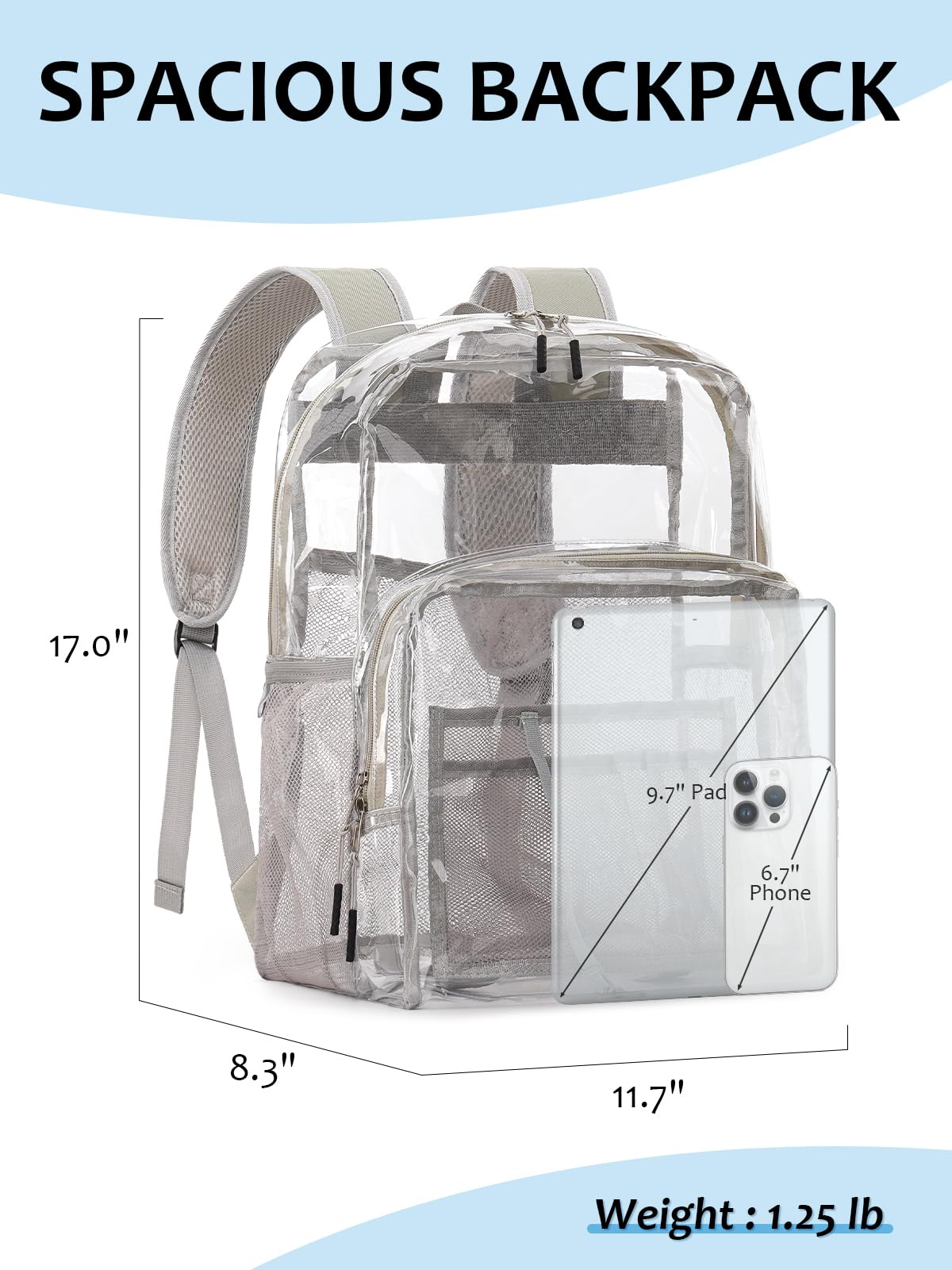Zaino trasparente per la scuola, 17 pollici grande resistente TPU trasparente Bookbag per ragazzi ragazze adulti per college casual, Grigio, Large, Trasparente