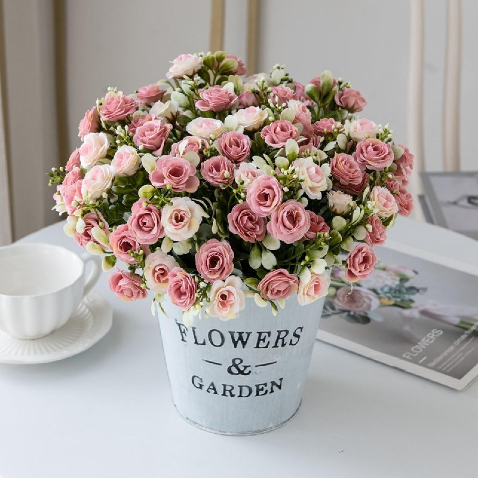 Fiori artificiali, rose di seta multi-testa, bouquet da sposa, ghirlande per festival, decorazione per la casa, la stanza, il soggiorno, bonsai, ricamo (4 pezzi/rosa)