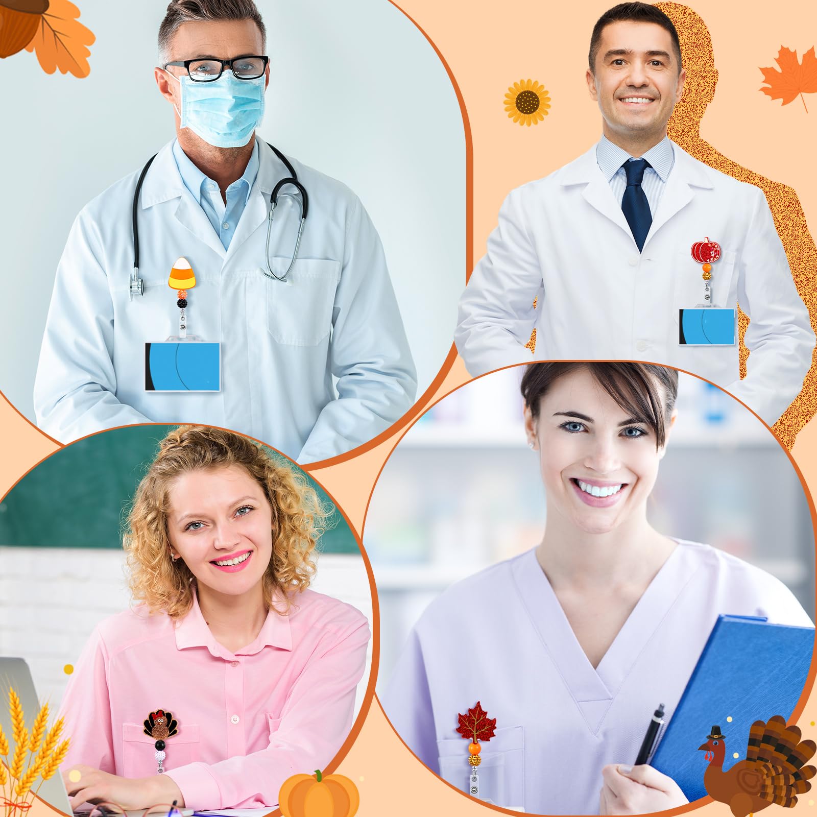 Giegxin 4 Stück ausziehbare Herbstkürbisse, Süßigkeiten, Mais, Ahornblatt, Truthahn, Krankenschwester, Ausweishalter mit Krokodilklemme, Glitzer-Perlen für Thanksgiving, Halloween, Urlaub, Büro