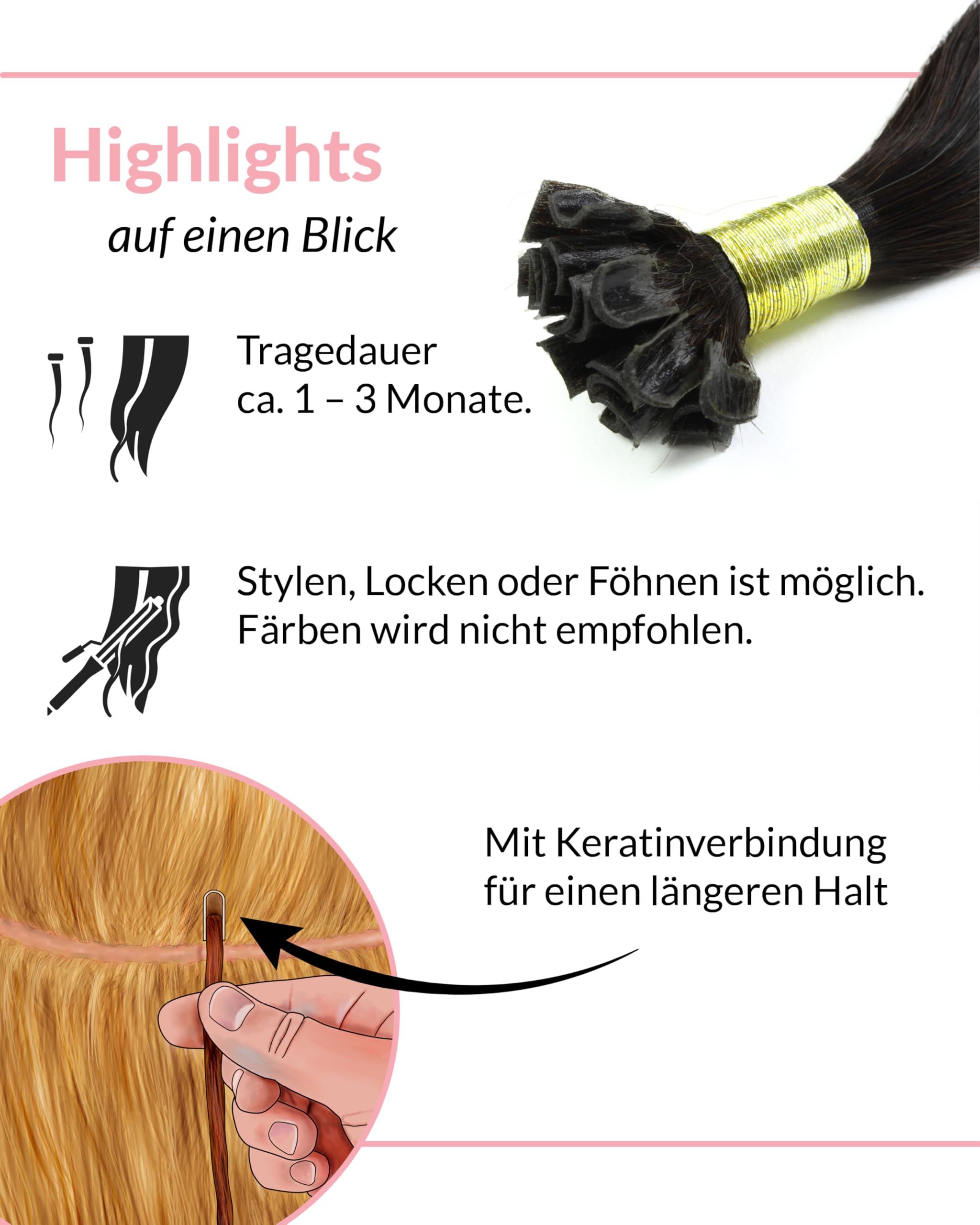 hair2heart Extensions Echthaar Bondings Glatt - 200 Strähnen 0.5g 40cm Schwarz