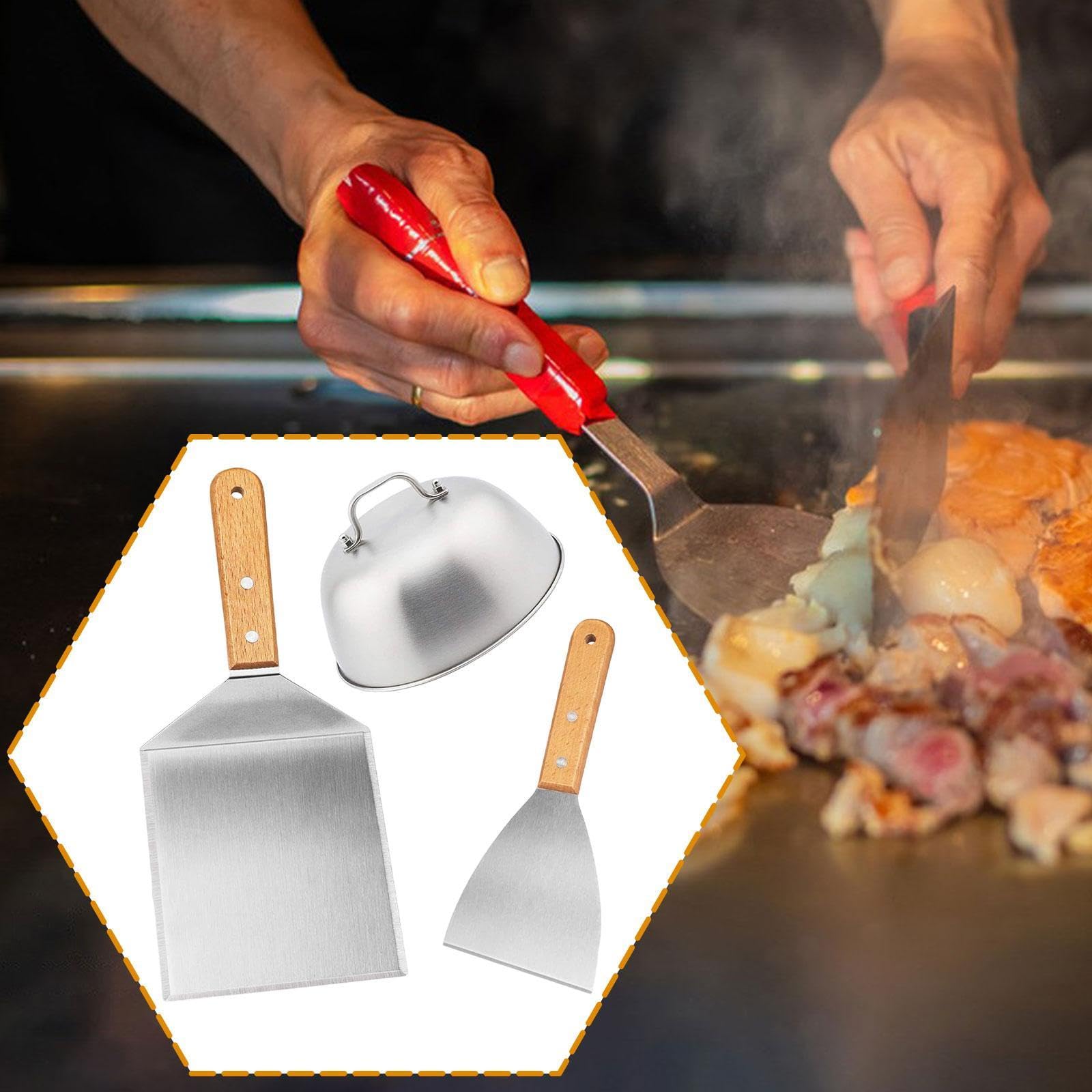 2 Stück BBQ Spatulas Turner Grillzubehör Set Edelstahl Grillwender Küchenwender mit Ergonomischem Holzgriff für Grillen Kochen Gartenparty Geschenk, 3 Stück