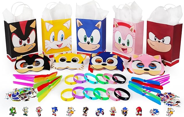 Hedgehog Party Gift Set, 113 Pcs Party fillers include Party Paper Bags With Handles, Masks, Wristbands, Stickers, Bamboo Dragonfly ect. Perfect for Kids Prizes Birthday Party Theme Favours