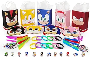 Dragonfy Hedgehog Party Favors Set - 113 Pcs Gifts for kids Included Paper Treat Bags, Bracelets, Masks, Shoes Decoration, Stickers, Game Themed Supplies Birthday Celebration Prizes
