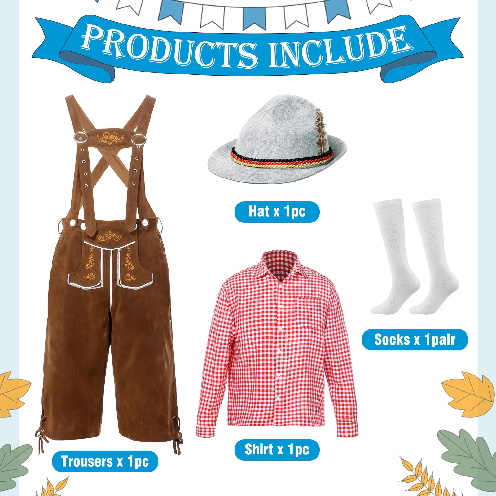 Herren Trachten Set, Oktoberfest Kostüm Set, Trachtenset Herren Komplett mit Trägern + Trachten Hemd Bayerische Oktoberfest (Hose + Hemd)