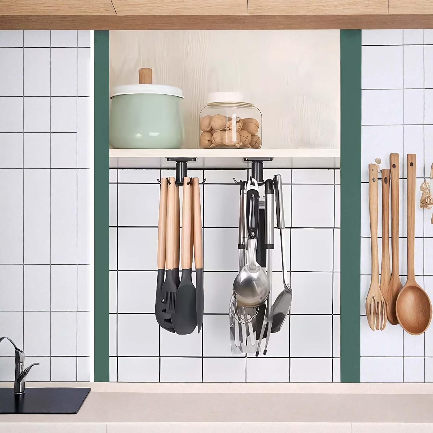 Under Cabinet Hooks, 2 Pcs, Adhesive Kitchen Utensil Hanger (Black)