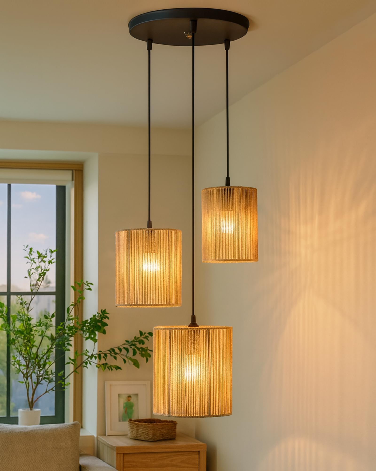 Homesake® Natural Raffia Triple Pendant Cluster Light, Boho Handwoven Textured Hanging Lamp, Modern Organic Interiors, Modern Pendant Light for Home Décor, Jute Hanging Ceiling Lamp-image-30
