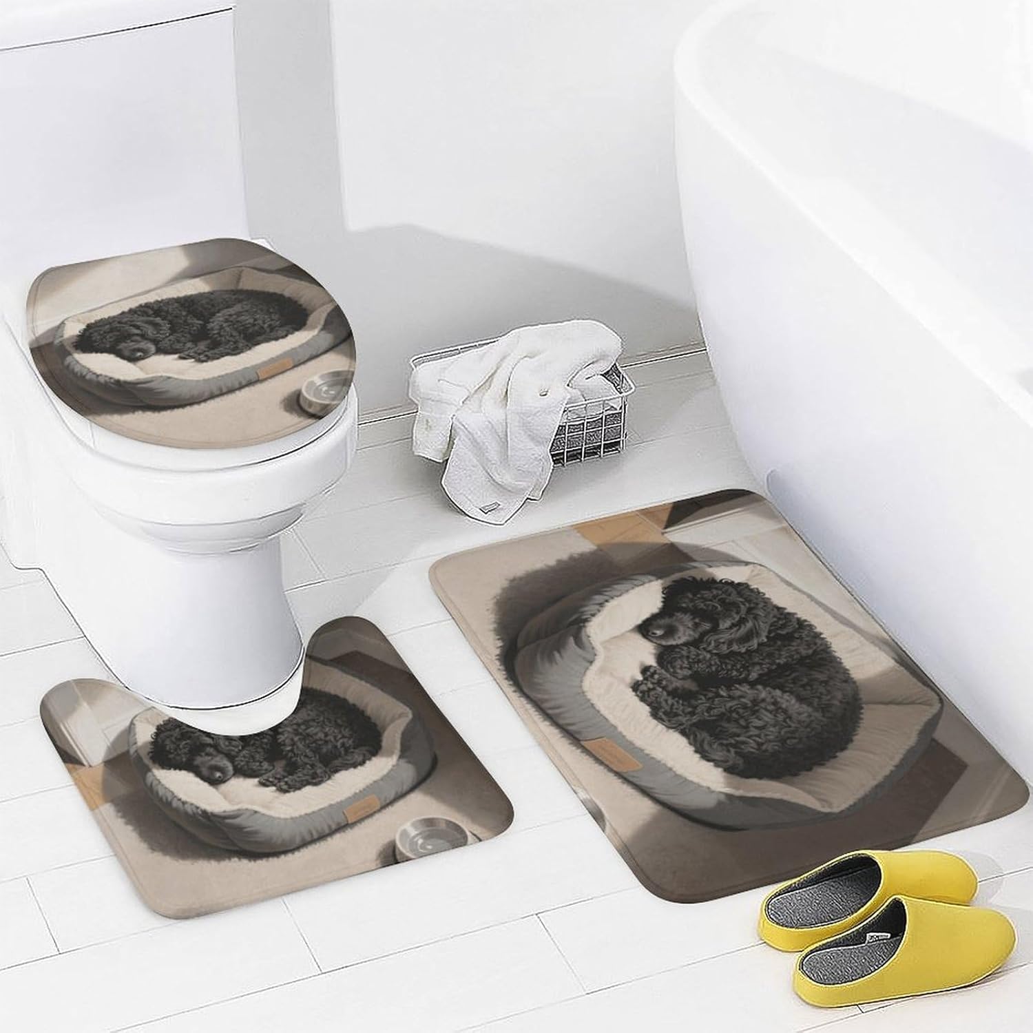 Poodle Shower Curtain Set 4 Piece, Non-Slip Bath Mat with Toilet Lid Cover and Waterproof Shower Curtain with 12 Hooks, Complete Bathroom Set for Home Decor