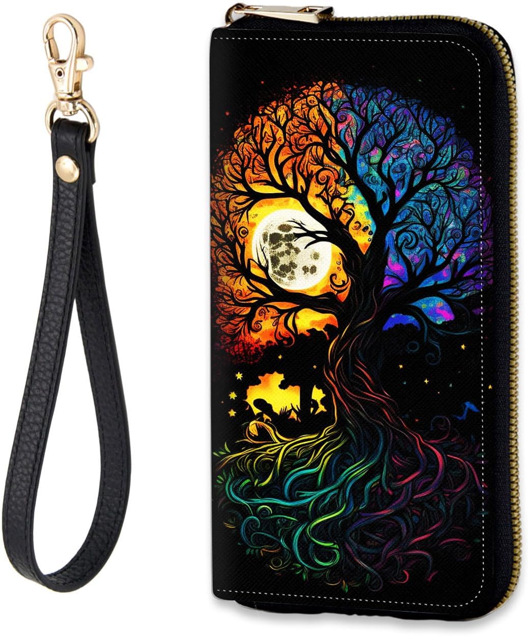 Women's RFID-Blocking Zip Around Wallet with Detachable Wrist Strap, Large Capacity Phone Holder Clutch Purse for Travel,Colorful Tree of Life