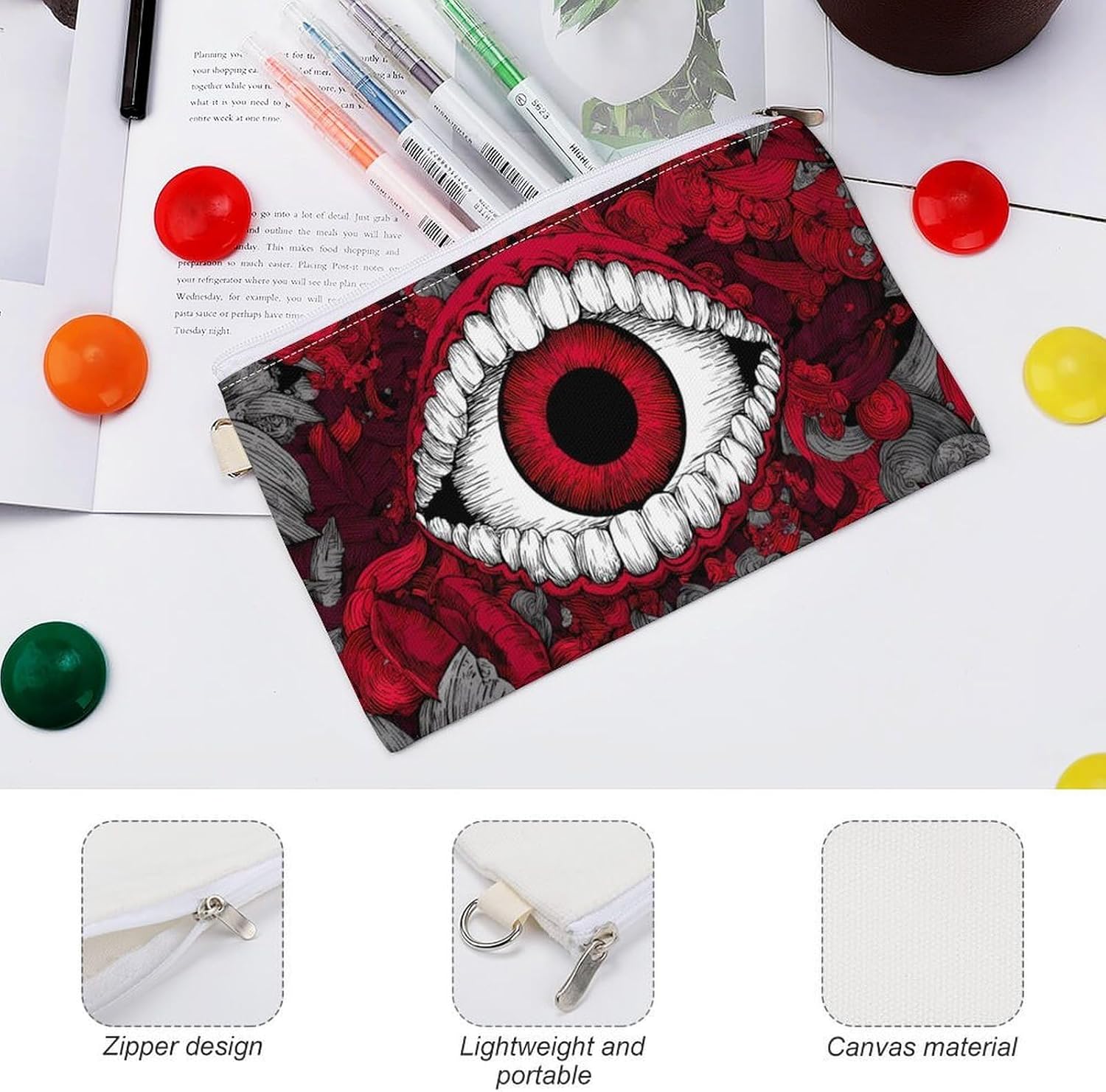 Eye Mouth Teeth Floral Graffiti Coin Purse Pouch Wallet Change Holder Zippered Makeup Bag For Men And Women