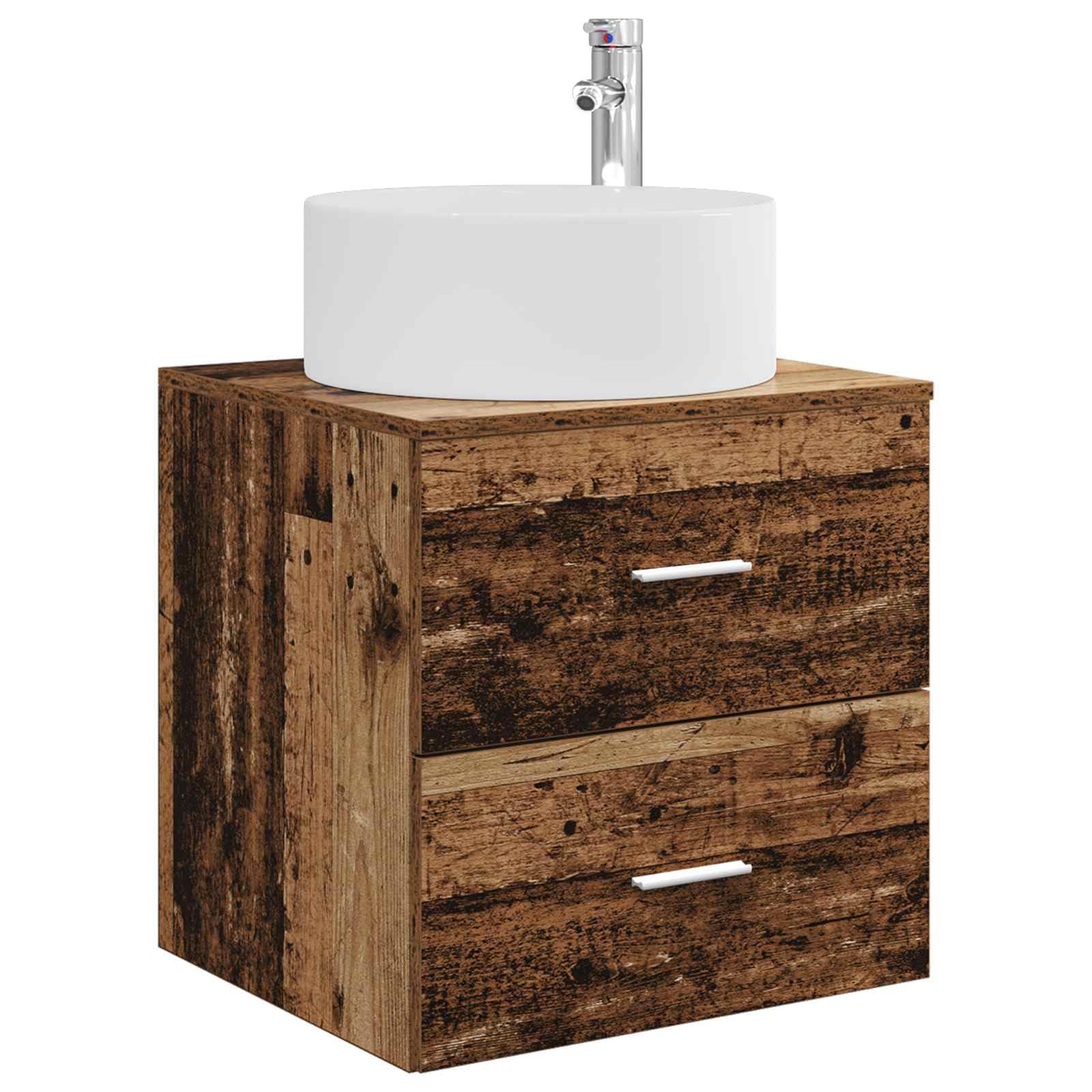 Lavabo montado en la pared con armario bajo madera envejecida, 49,5 x 44,5 x 65,5 cm, armario de baño colgante con 2 cajones para baño pequeño y aseo de invitados