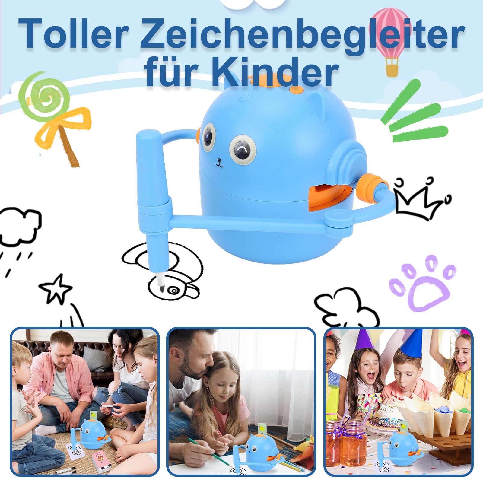 Topiky Magic Zeichenroboter für Kinder ab 3+, Malroboter für Kinder, Interaktiv mit 100 Lernkarten & Stiften – Pädagogisches Mal-Spielzeug (Blau)