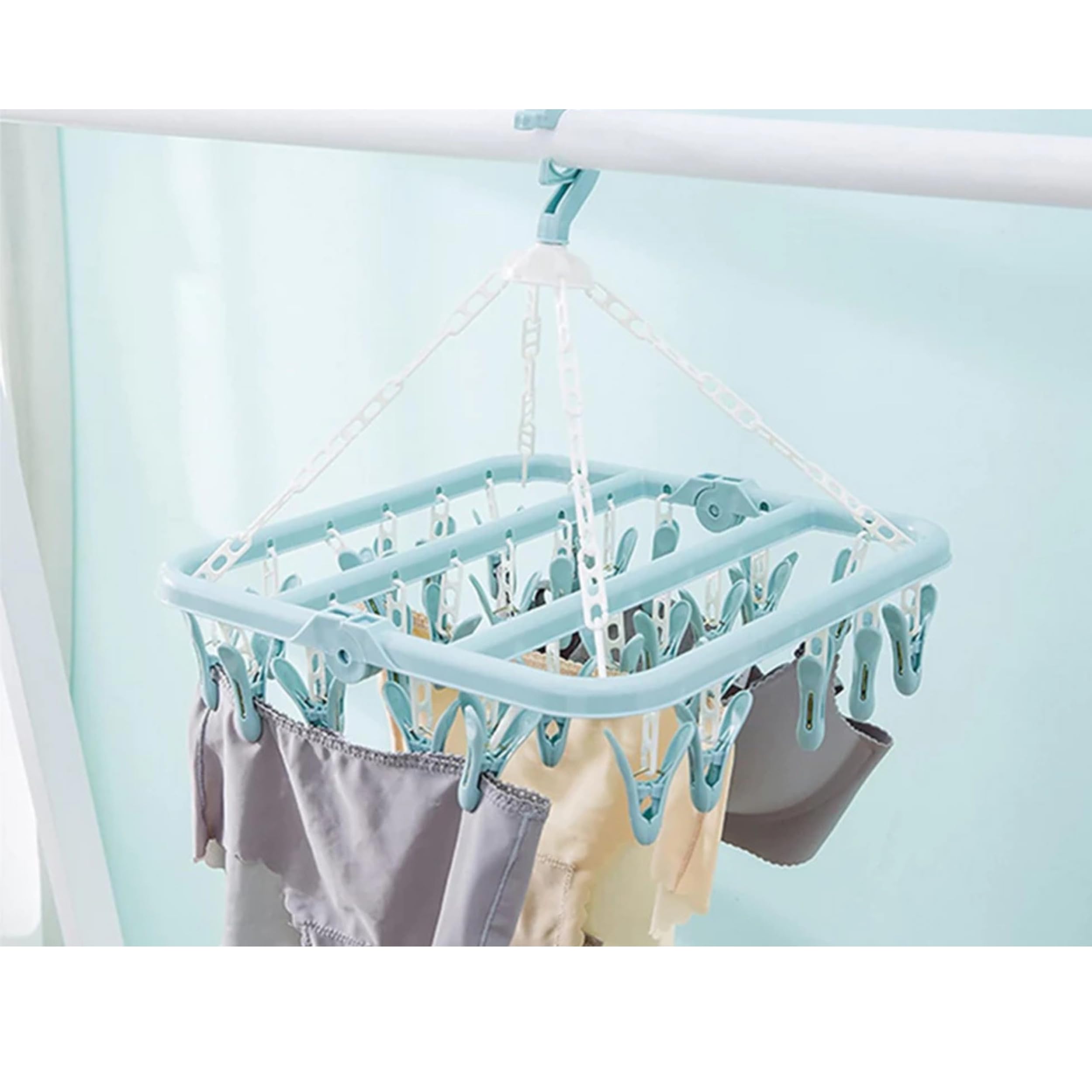 PARENCE - Séchoir à Linge Suspendu avec 32 Pinces – Cintre Multifonction pour Chaussettes, sous-Vêtements et Petits Vêtements – Gain de Place – Bleu