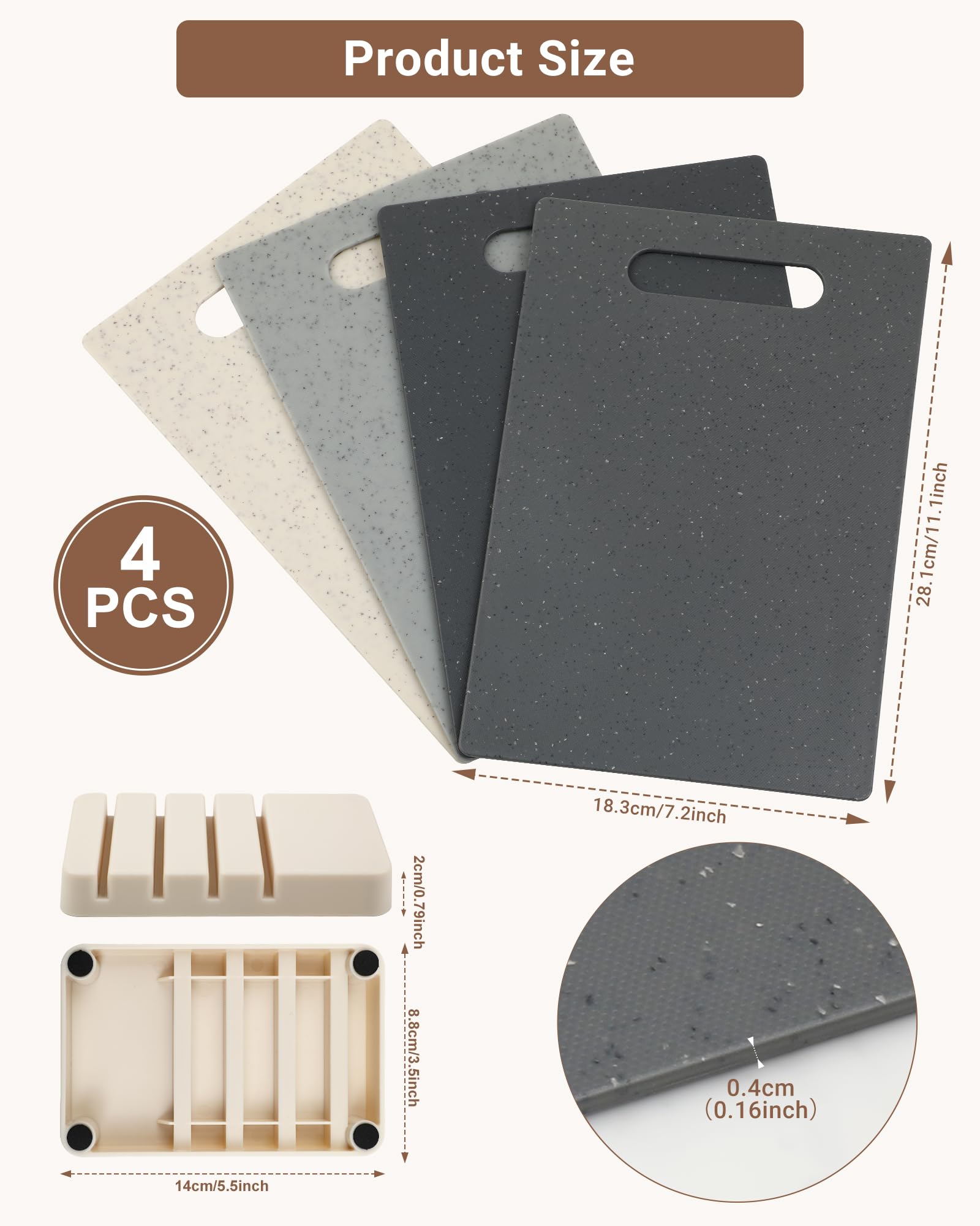 Juego de 4 Tablas de Cortar de Plástico – Tablas de cocina de doble cara con soporte práctico, tabla cortar cocina resistente y set de desayuno 28 × 18,5 cm, ahorra espacio y fácil de limpiar