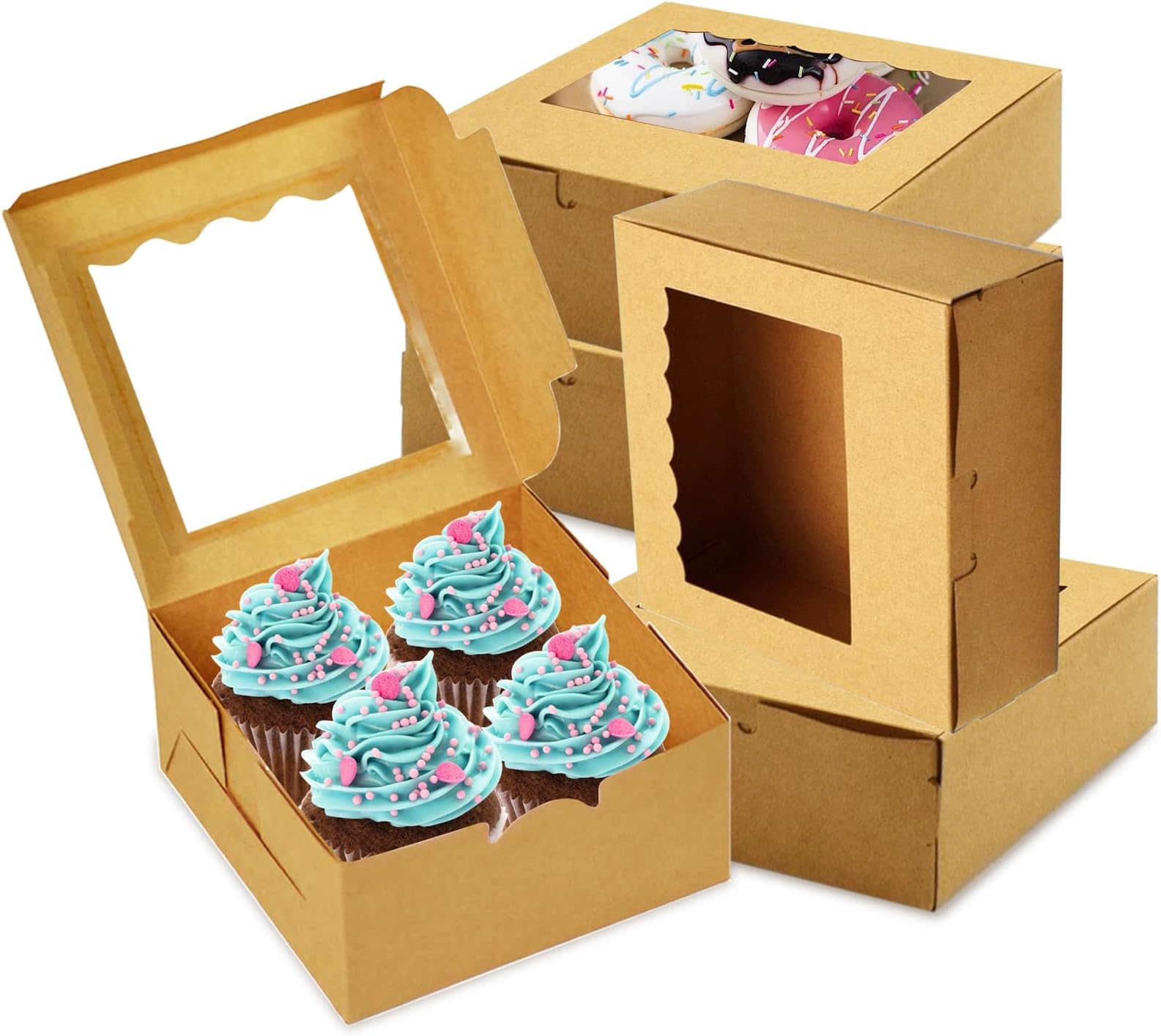Cookie Boxes, 50 PCS Cake Boxes for Cake Portion, Brown Cupcake Boxes, Mini Cake Boxes Bakery Pastry Boxes with Window for Cake Pastries Pie, Board Cardboard Gift Packaging Boxes Bakery Coffee Shop