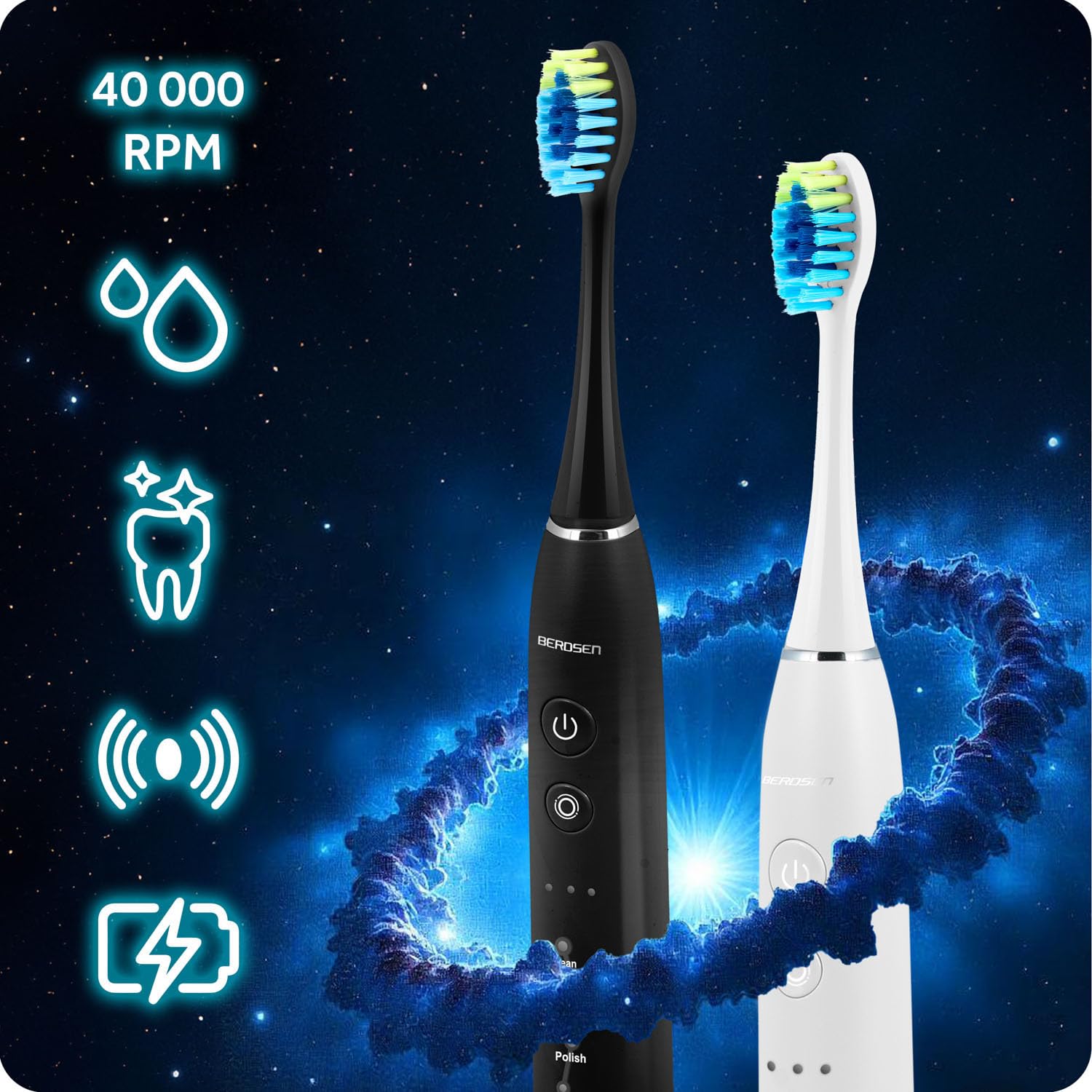 Berdsen Cepillo de dientes eléctrico - Paquete doble - Cepillos de dientes sónicos - 6 modos de cepillado - 3 niveles de intensidad - 6 cabezales - negro - blanco