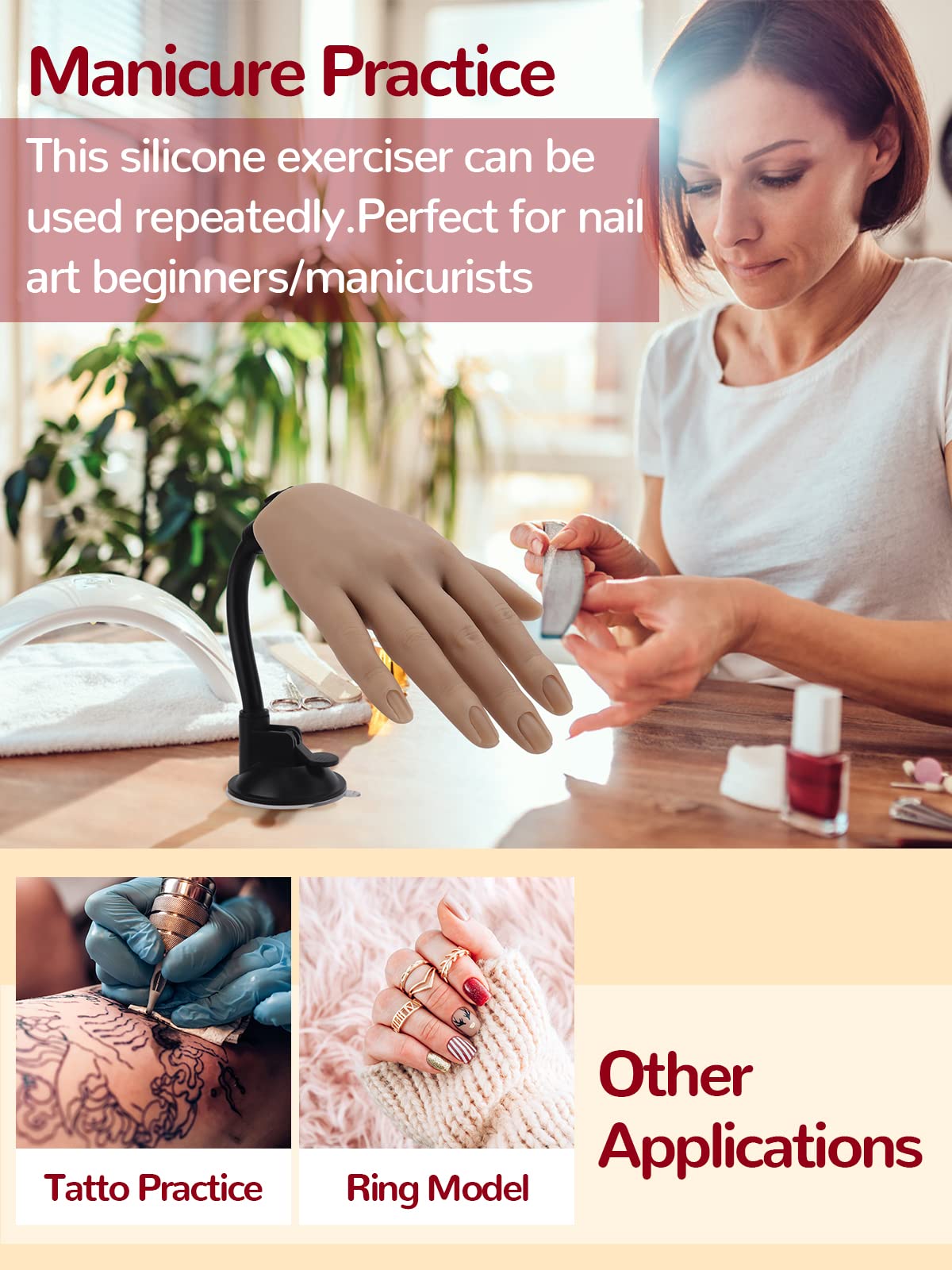 Yokilly Mano de práctica para diseño de uñas, mano de silicona para uñas de gel, 100 unidades de uñas artificiales, uñas falsas, manos de ejercicio, modelo de ejercicio, manicura, juego de manicura