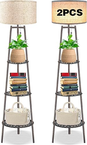 Miniatura 10 de Lámpara de pie de bronce con estantes para sala de estar, lámpara de pie, lámpara alta, Amparas Elegantes para Sala con pantalla de lino, lámpara de