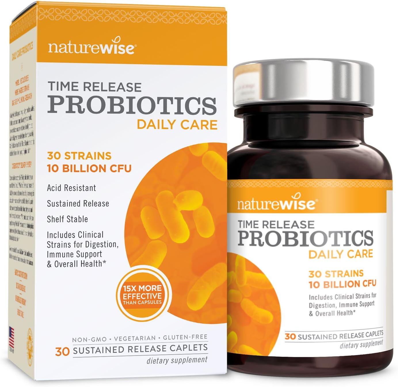NatureWise Daily Care Time-Release Probiotics: Comparable to 150 Billion CFU, Delivers 15x More Live Cultures to Intestines for Digestion & Immune Support, Shelf Stable, Acid Resistant, 30 Caplets
