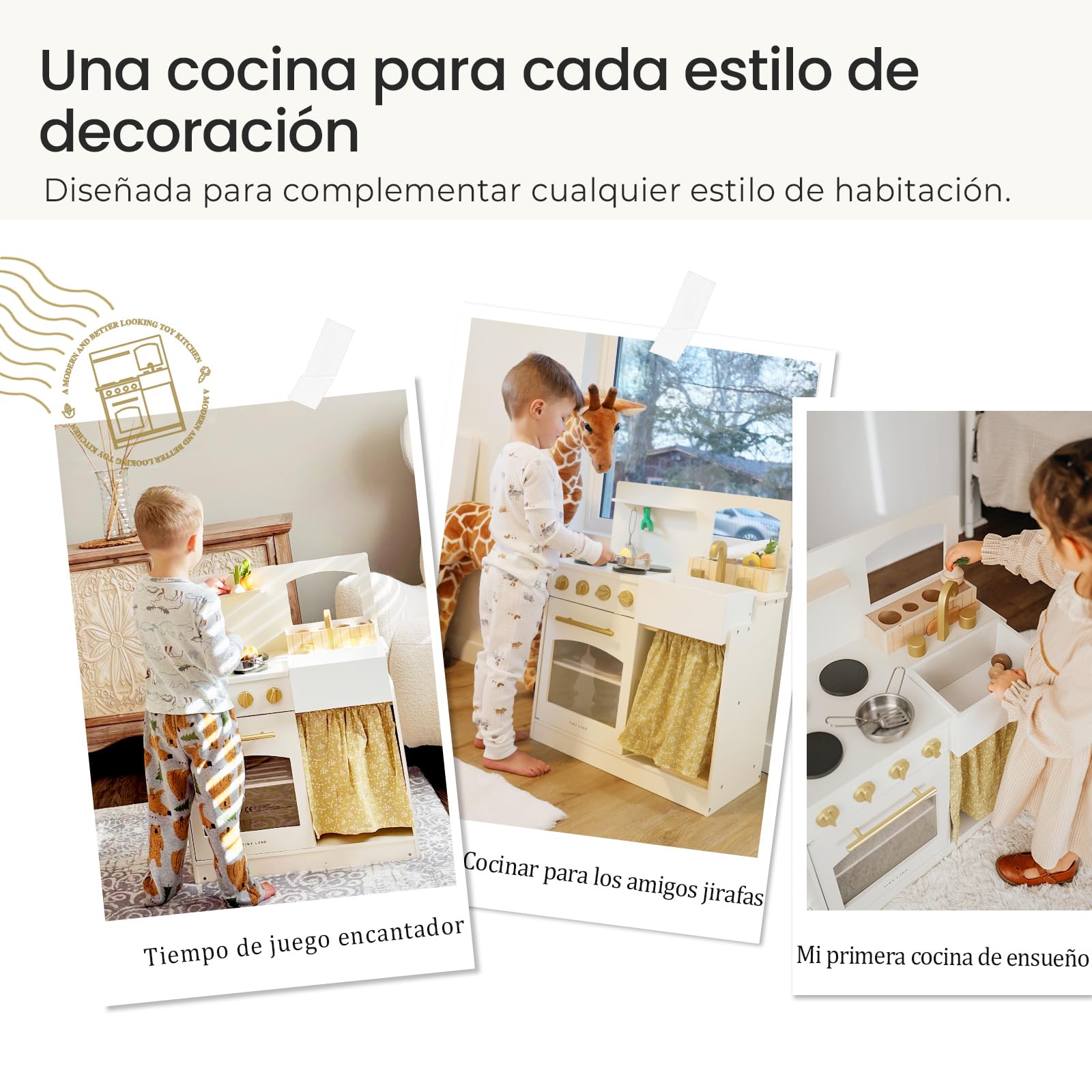 Tiny Land Cocina de juego, set de juego para niños, cocina para niños con set de corte, cocina de madera ETS para niños, niñas y niños