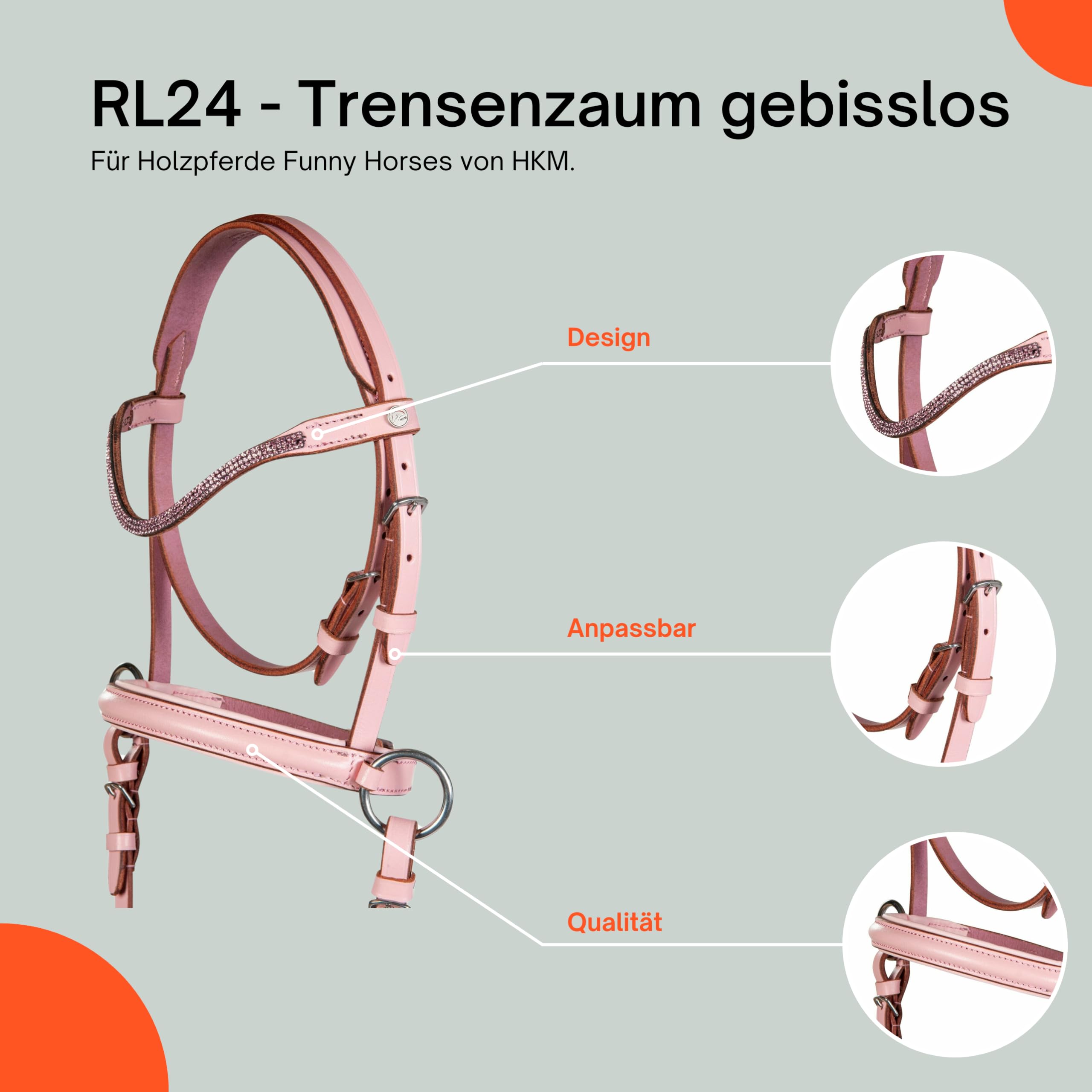Trensenzaum gebisslos für Holzpferde Funny Horses von HKM | Trense aus Echtleder rosa | Zaumzeug für Holzpferd mit Zügel | Pferdespielzeug für Kinder | Holzpferd Zubehör