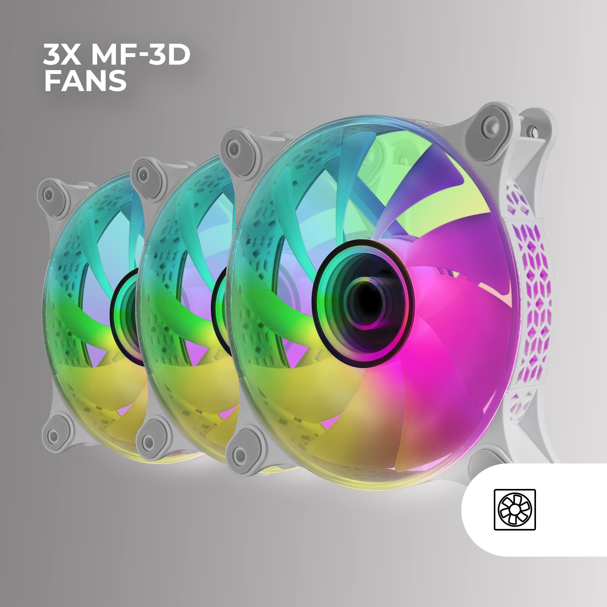 Mars Gaming MF-3DKIT, Kit 3 Ventiladores ARGB 360° 12cm, Espejo Infinito 3D, Sistema Anti-vibraciones, Controlador ARGB, Mando a Distancia RF, Compatibilidad Total, Blanco - 4