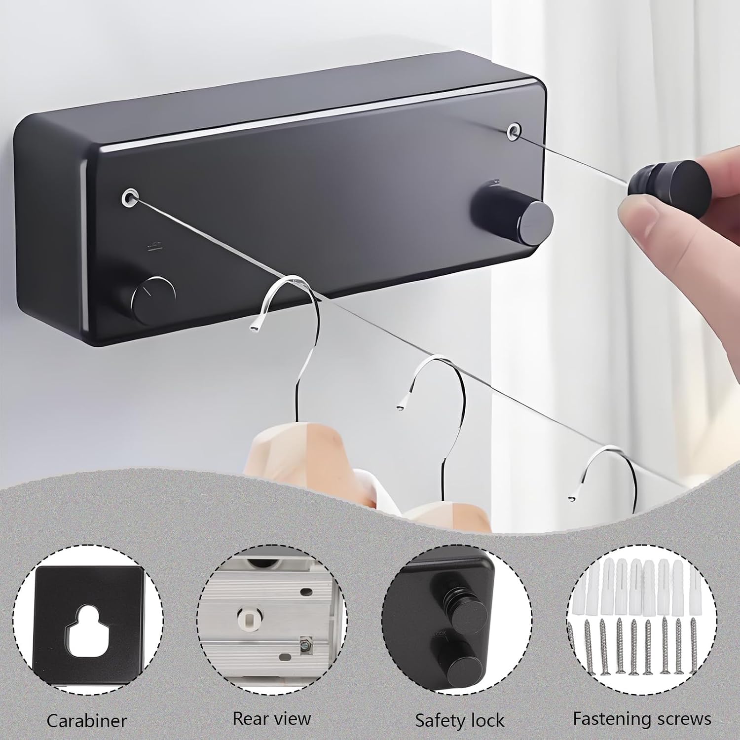 Retractable Clothesline Indoor, Wall Mounted Stainless Steel Line Non-Sagging Clothes Line with Tapping Screws Expansion Tube for Home and Hotel (Black)