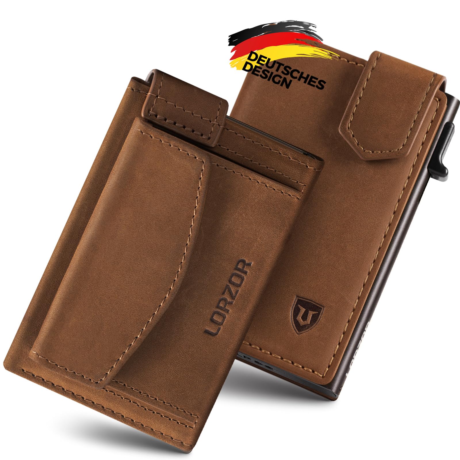 LORZOR Kartenetui mit XXL münzfach für 10+ Münzen, Slim Wallet mit Magnetischer Verschluss, Geldbörse Herren RFID Schutz, Portemonnaie Klein, Portmonee, Geldbeutel Brieftasche für 10 Karten （Braun）